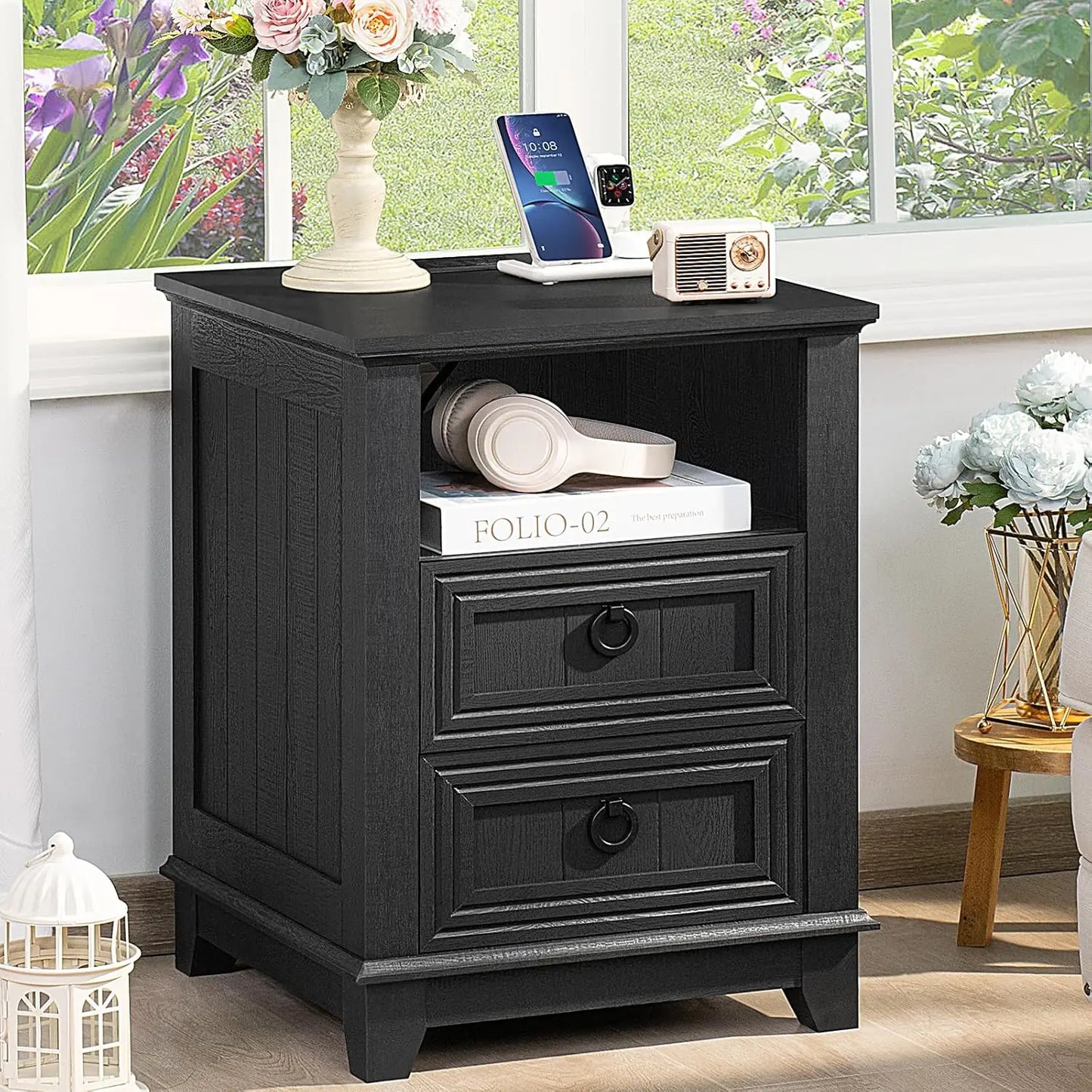 Farmhouse Night Stands Set of 2 With Charging Station and 2 Drawers