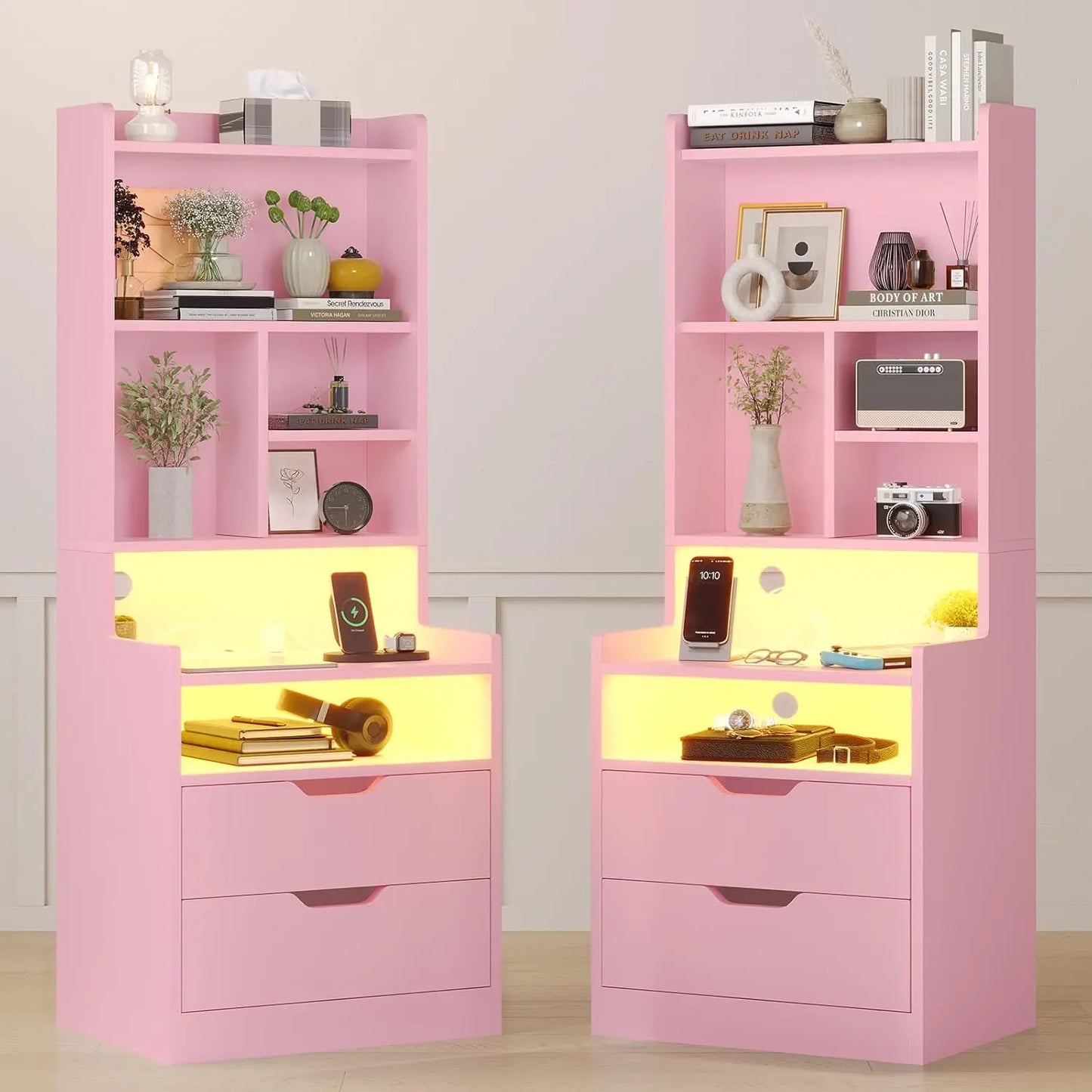Nightstand Set With Charging Station Bookshelf and Led Lights