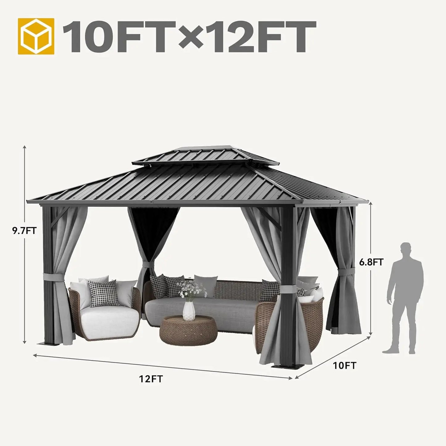 10x12ft Hardtop Gazebo Double Roof with Nettings and Curtains, Heavy Duty Galvanized Steel Outdoor Vertical Stripes Roof for Pat