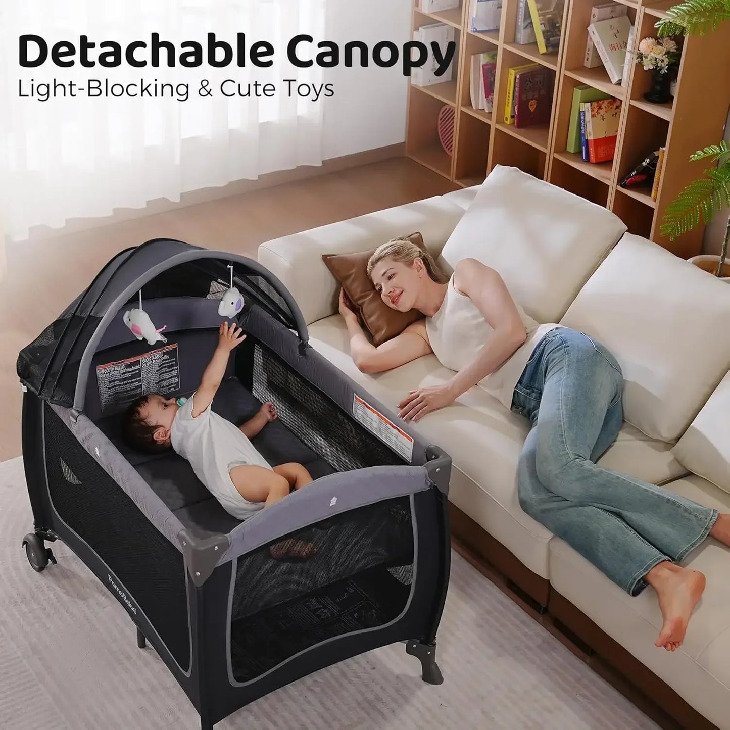 Baby Playard With Canopy Portable Crib And Changing Table