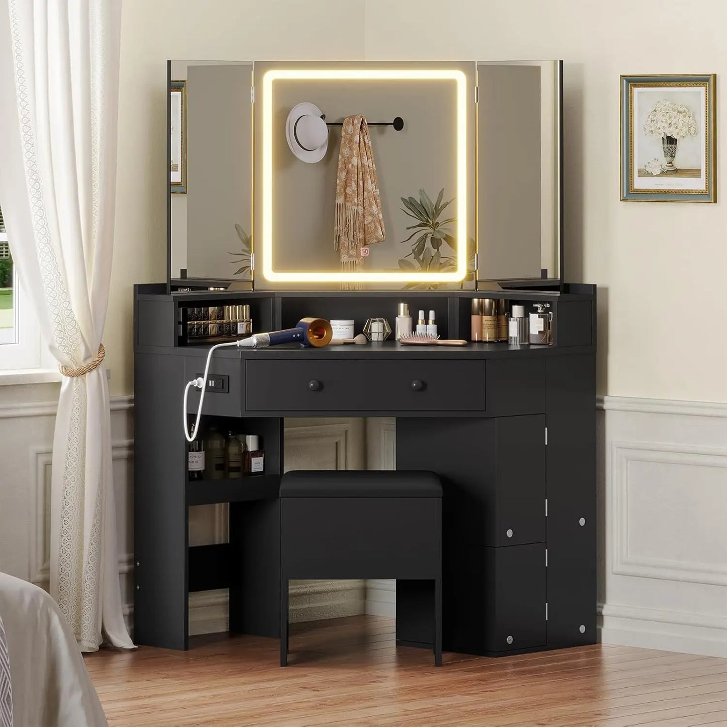 Corner Vanity Desk With TriFold Mirror LED Lights And Storage