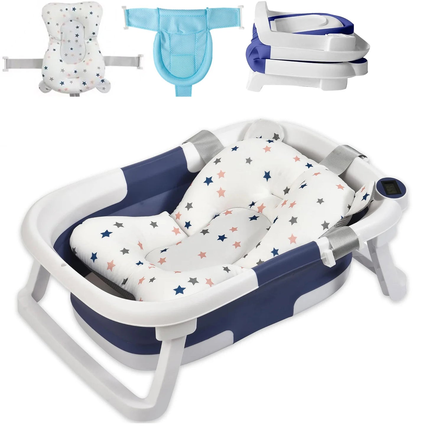Foldable Baby Bath Tub With Cushion Thermometer For Newborns