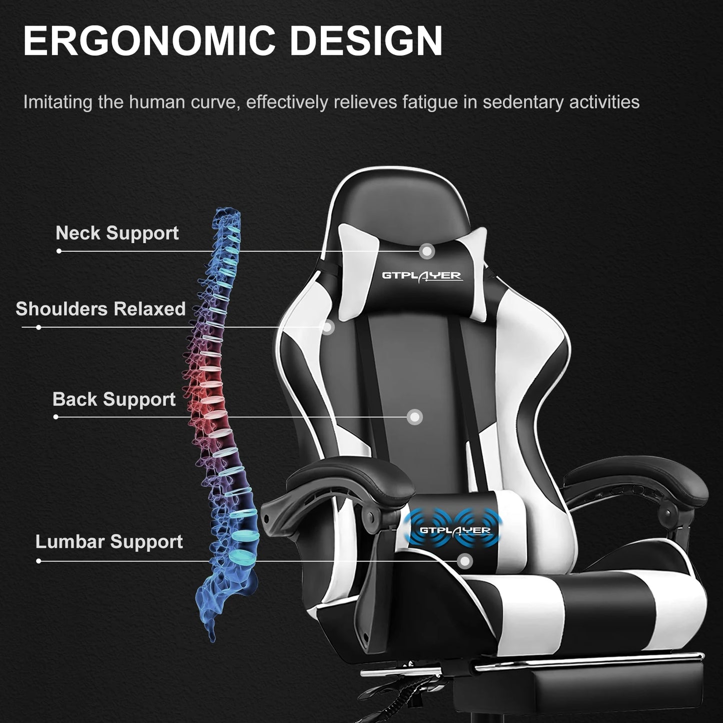 GTPLAYER Gaming Chair With Footrest, Lumbar Support, Swivel Seat, Headrest