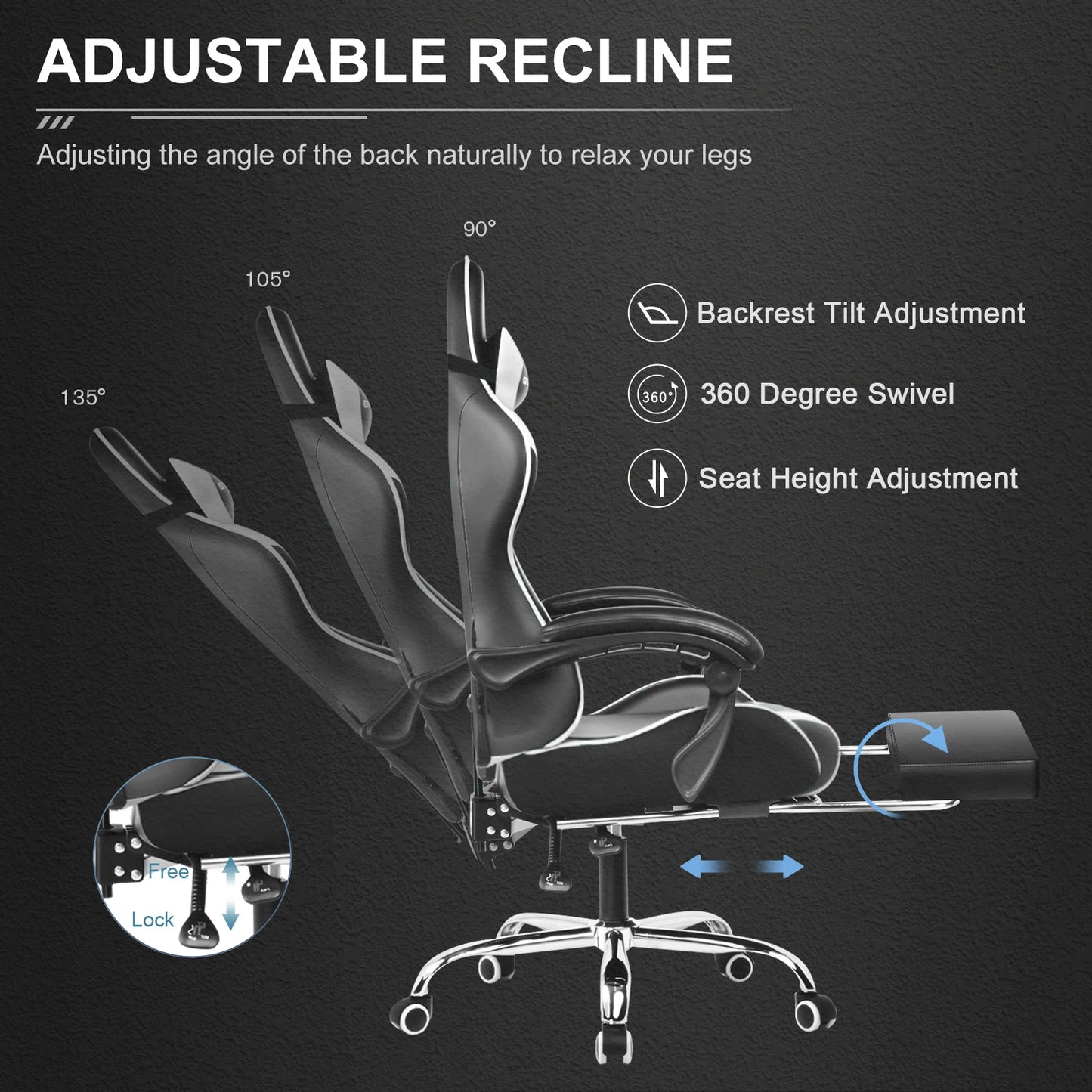 GTPLAYER Gaming Chair With Footrest, Lumbar Support, Swivel Seat, Headrest