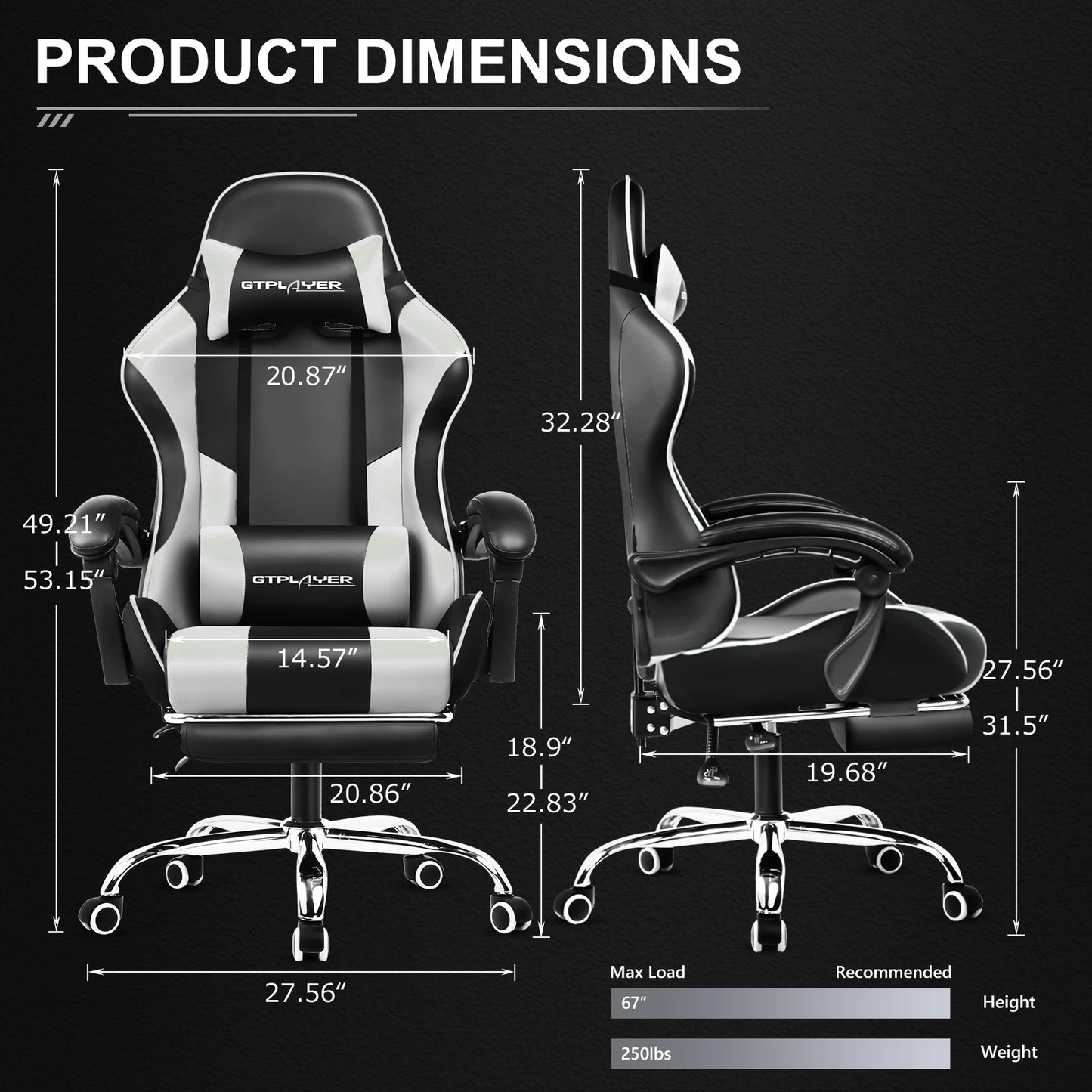 GTPLAYER Gaming Chair With Footrest, Lumbar Support, Swivel Seat, Headrest