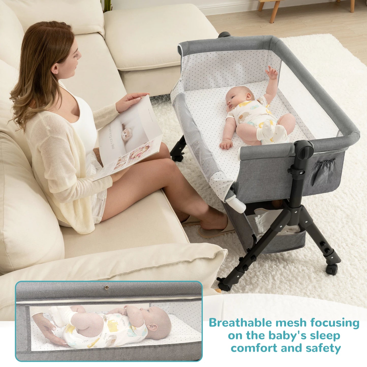 3 in 1 Baby Bassinet Bedside Sleeper, Easy to Assemble & Foldable Portable Baby Cradle for Newborns