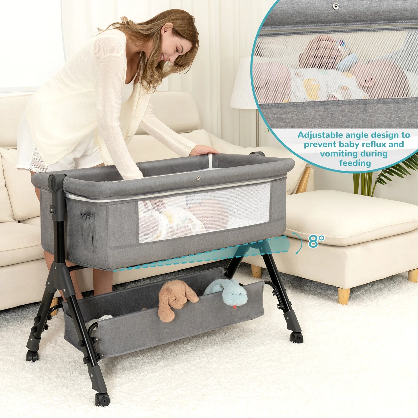 3 in 1 Baby Bassinet Bedside Sleeper, Easy to Assemble & Foldable Portable Baby Cradle for Newborns