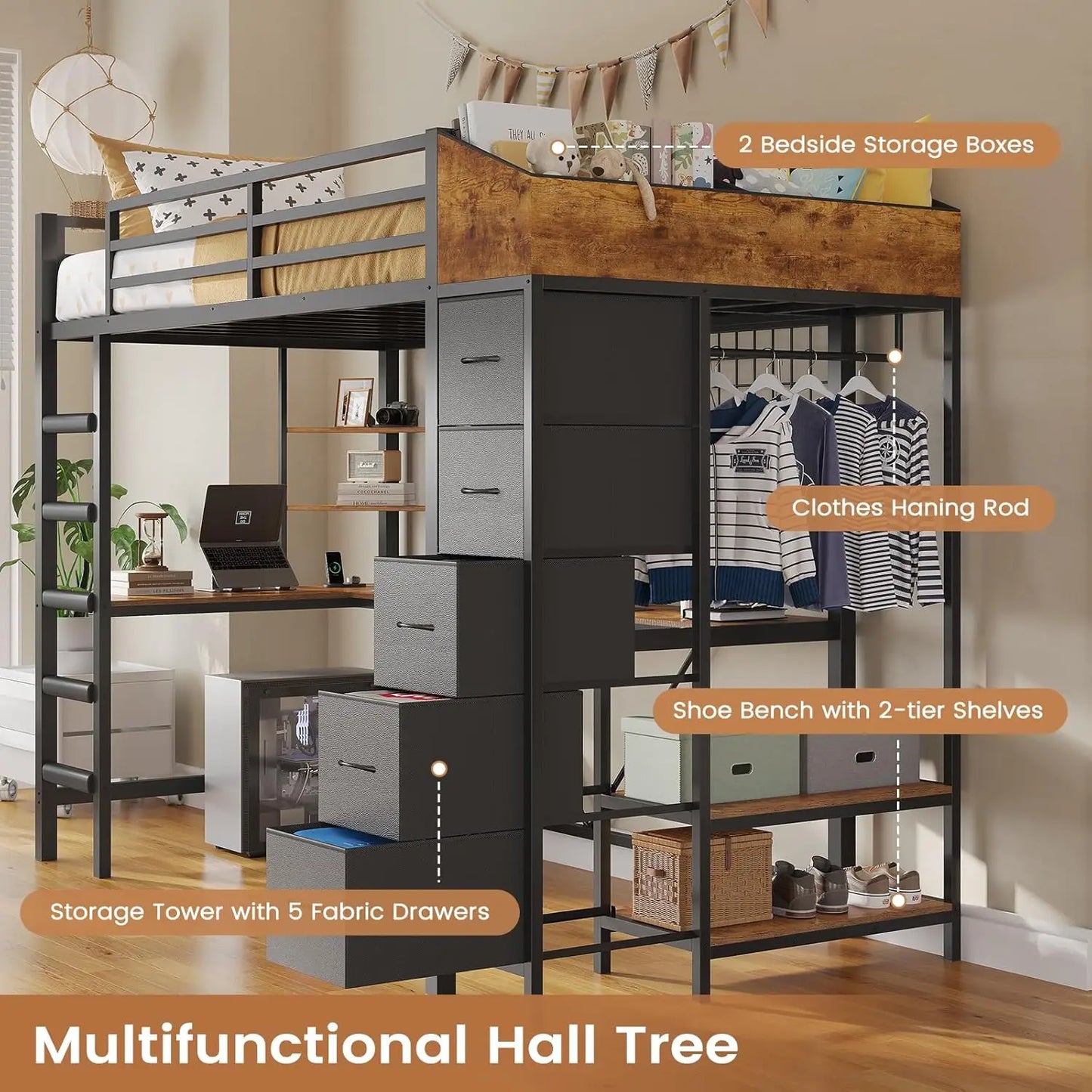 Loft Bed With Hall Tree And Desk LED Lighting System