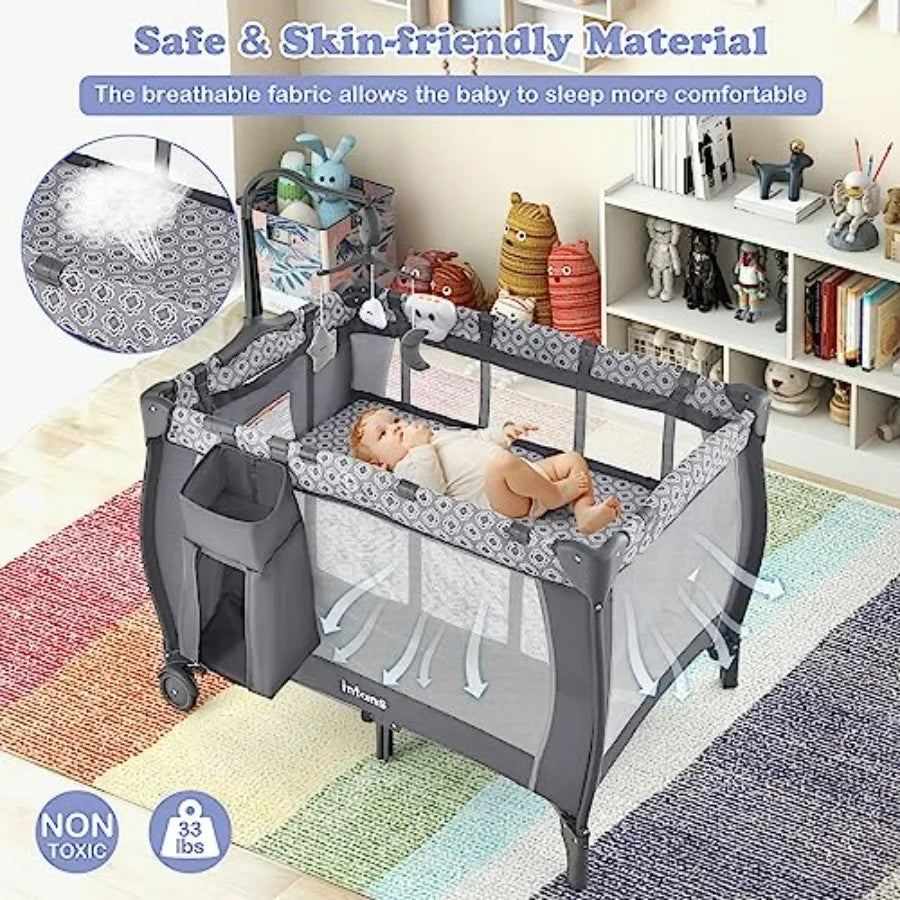 3 In 1 Pack And Play Portable Baby Crib Bassinet With Detachable Mattress