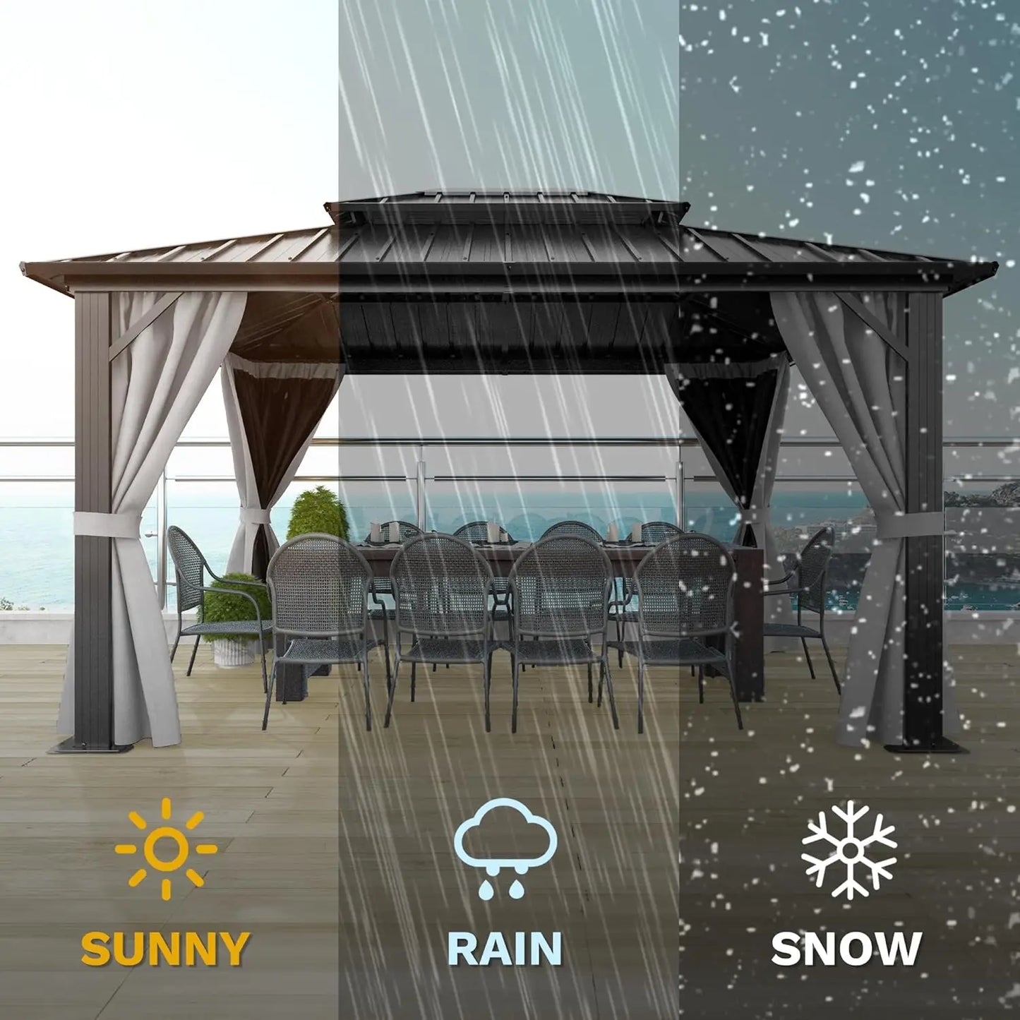 10x12ft Hardtop Gazebo Double Roof with Nettings and Curtains, Heavy Duty Galvanized Steel Outdoor Vertical Stripes Roof for Pat