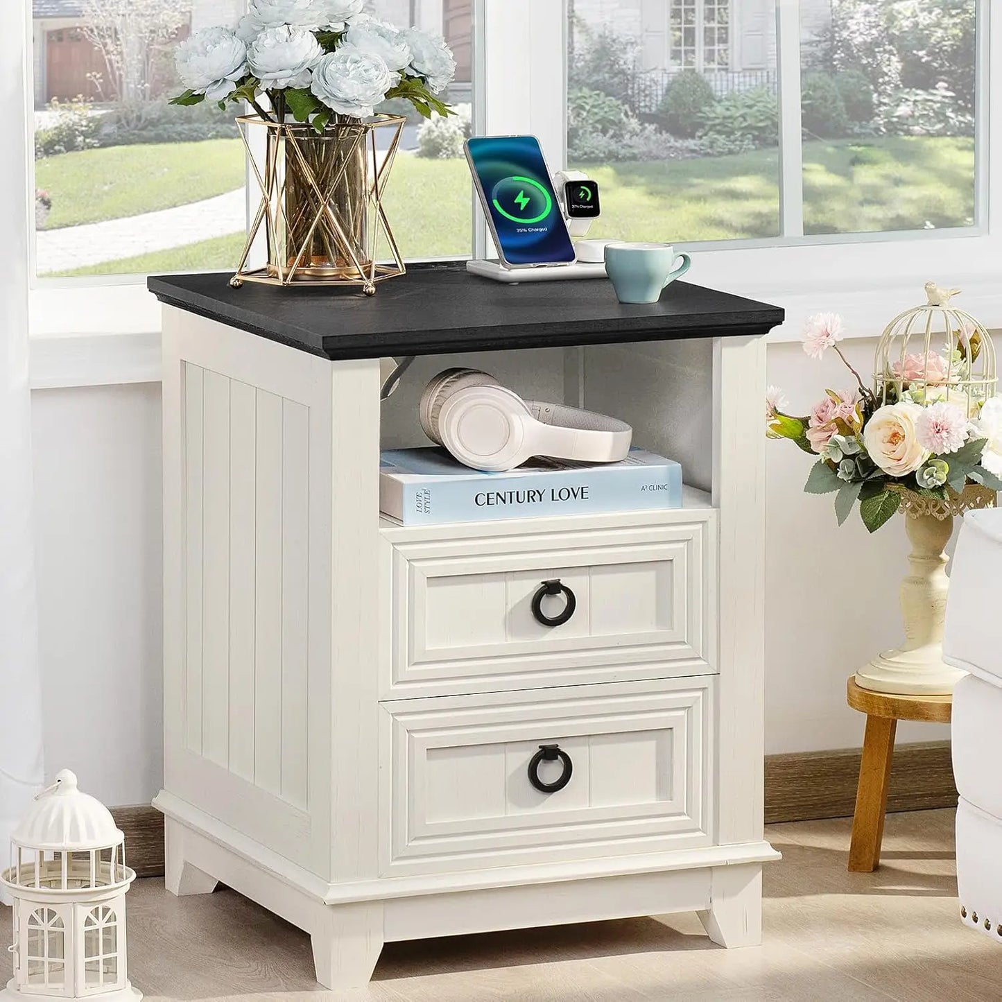 Farmhouse Night Stands Set of 2 With Charging Station and 2 Drawers
