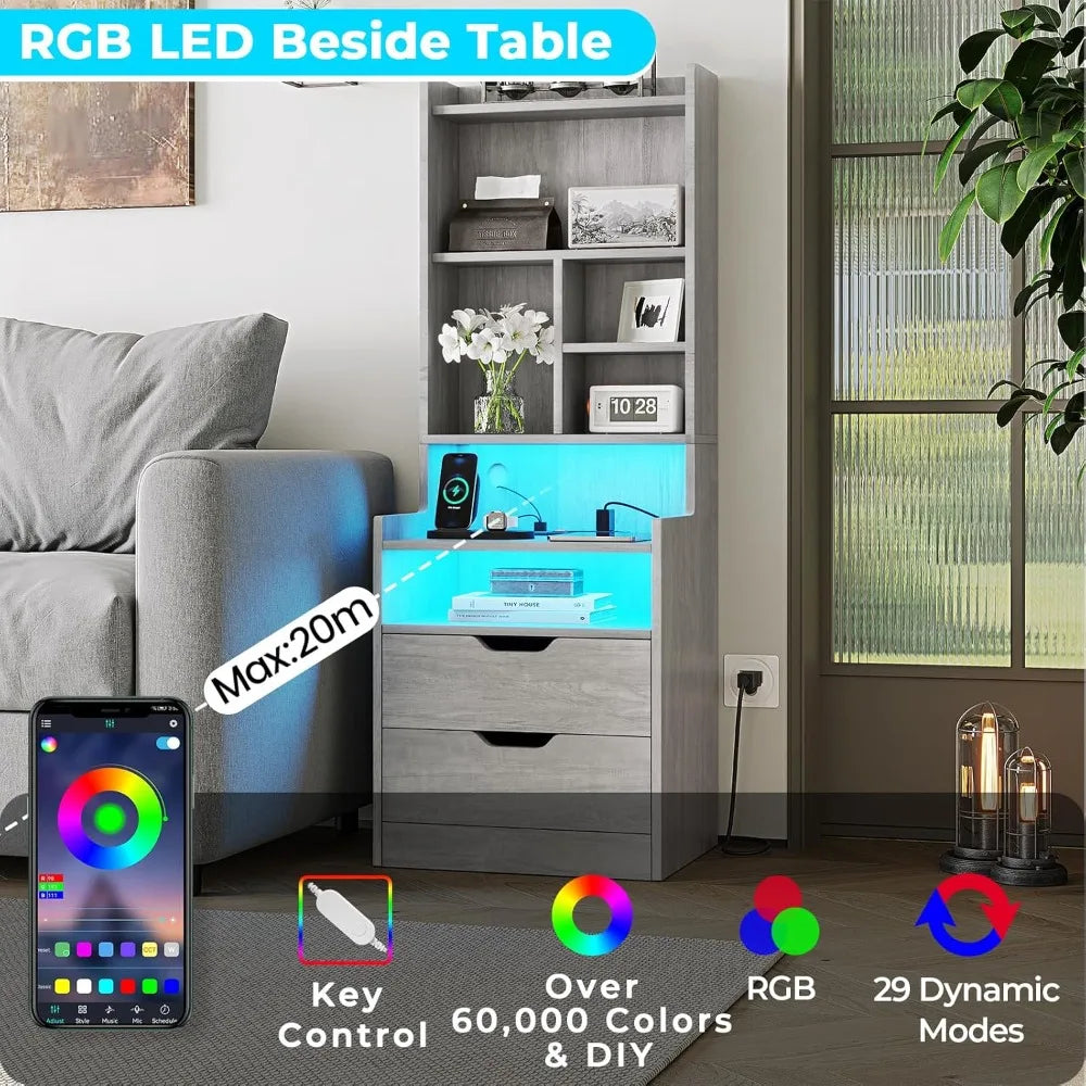 Nightstand Set With Charging Station Bookshelf and Led Lights