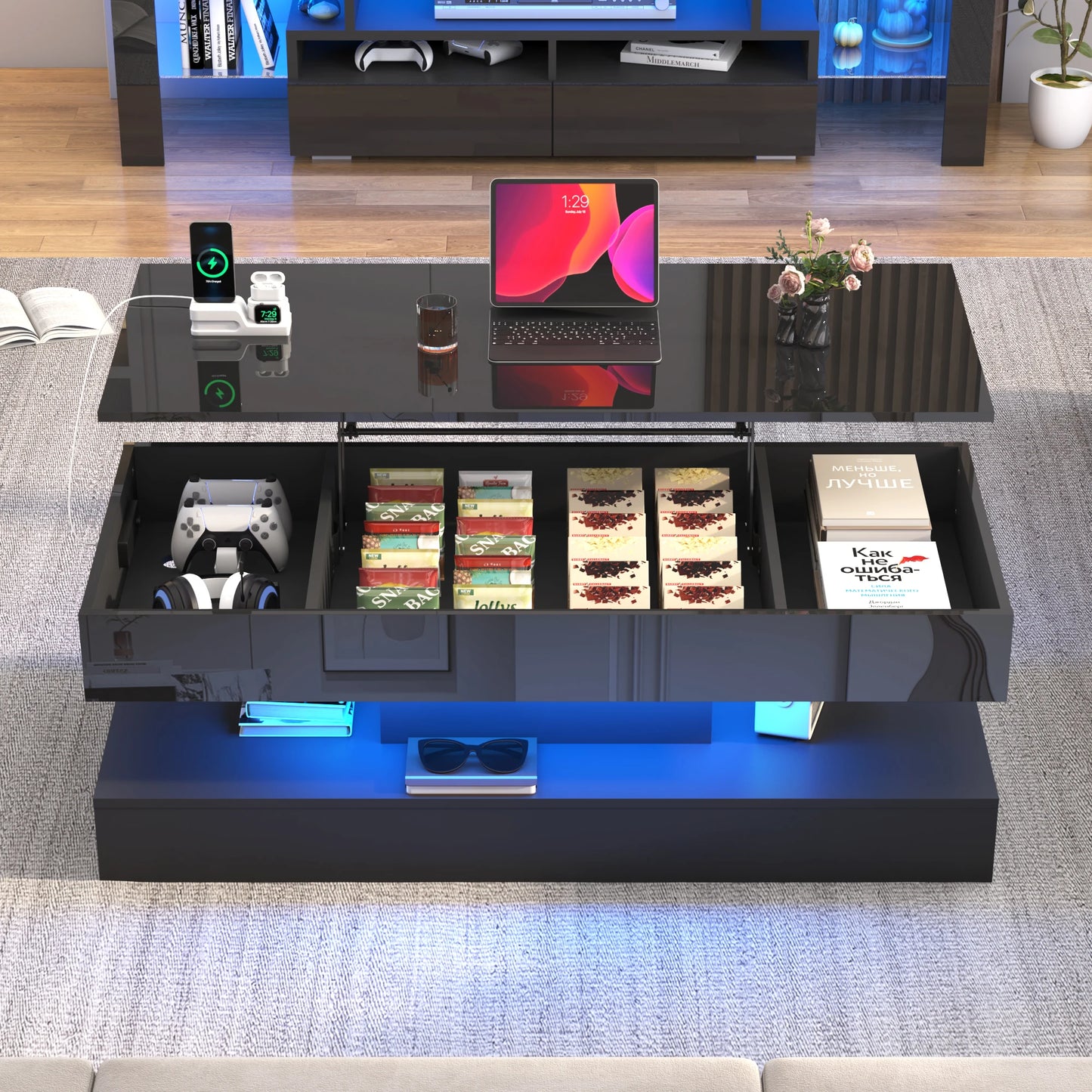 QiaoShiRen High Glossy LED Coffee Tables With Open Display Shelf