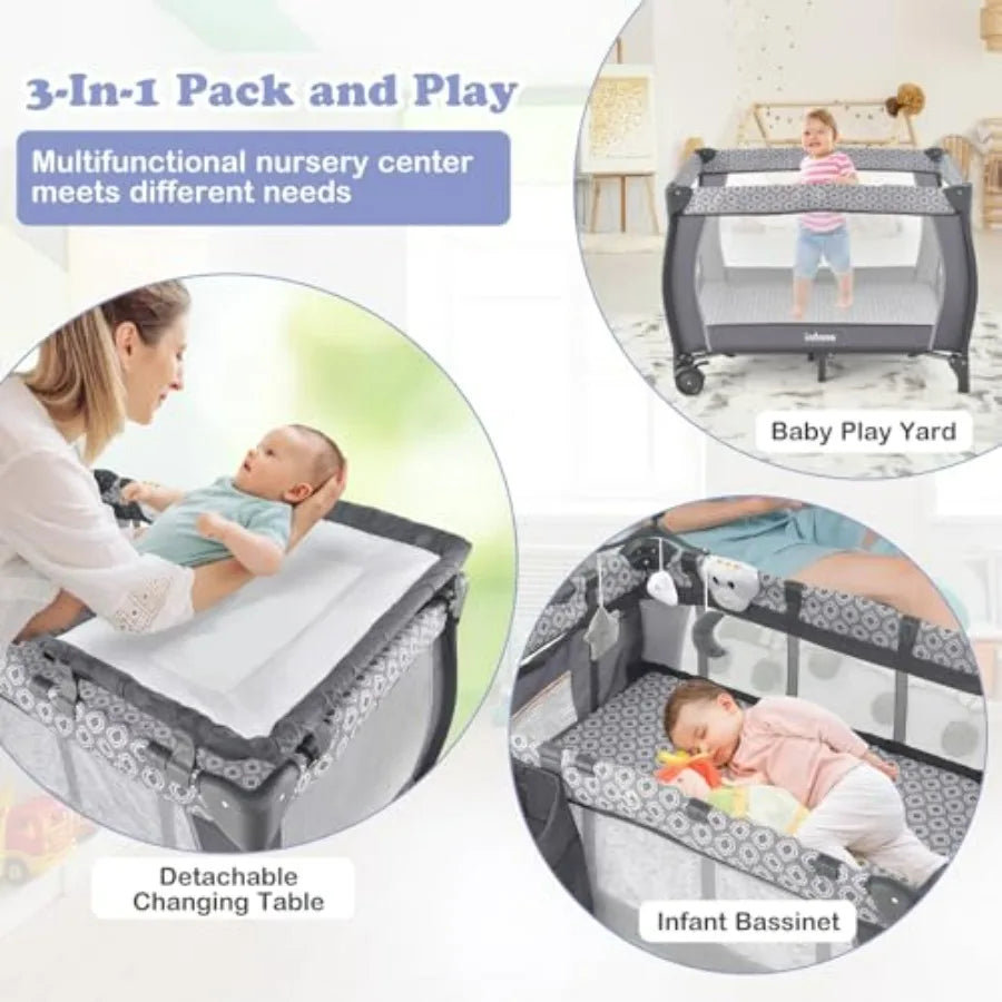 3 In 1 Pack And Play Portable Baby Crib Bassinet With Detachable Mattress