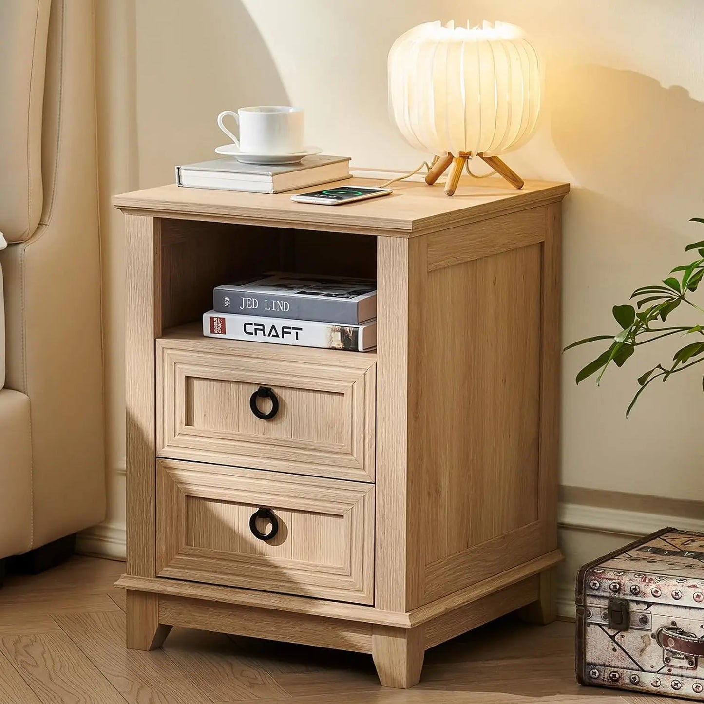 Farmhouse Night Stands Set of 2 With Charging Station and 2 Drawers