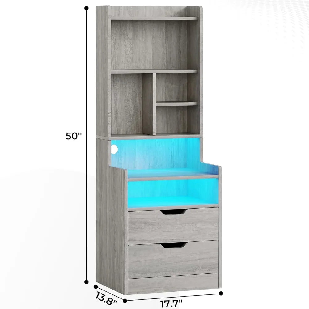 Nightstand Set With Charging Station Bookshelf and Led Lights