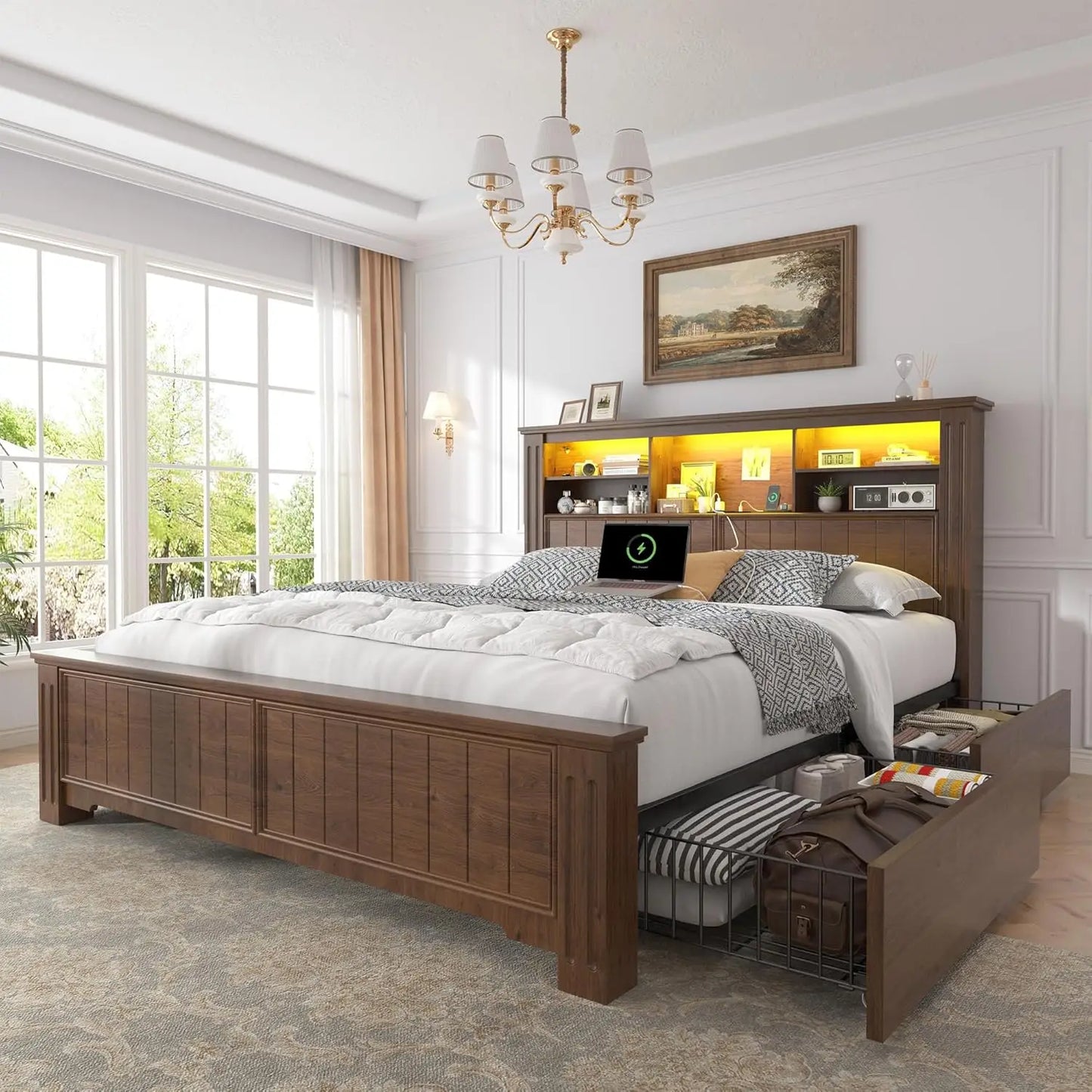 Queen Bed Frame With Headboard And Storage USB LED Lighting