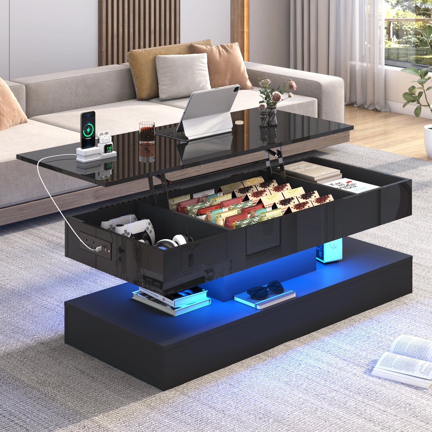 QiaoShiRen High Glossy LED Coffee Tables With Open Display Shelf