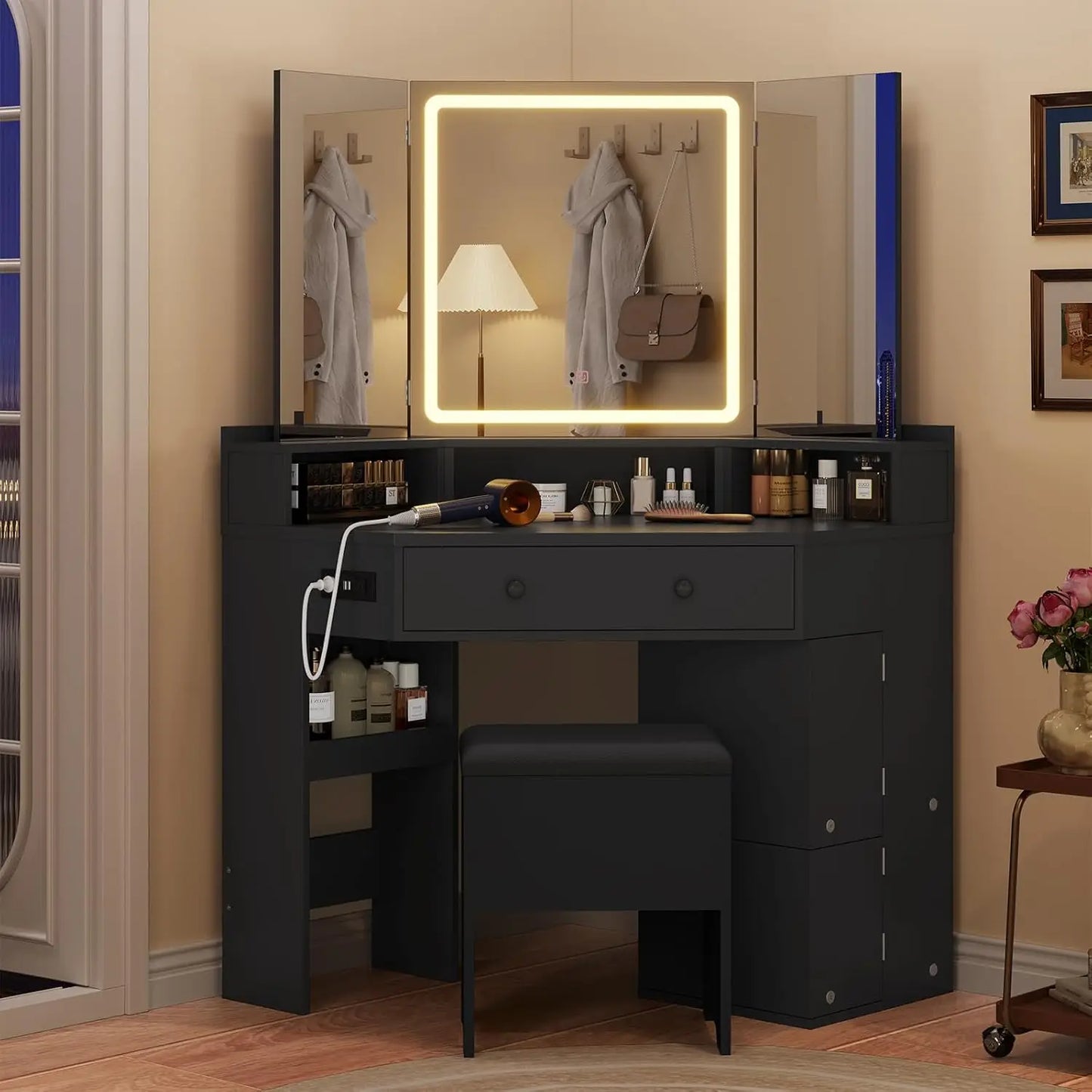 Corner Vanity Desk With TriFold Mirror LED Lights And Storage
