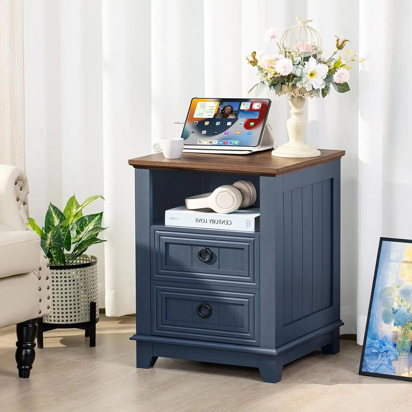 Farmhouse Night Stands Set of 2 With Charging Station and 2 Drawers