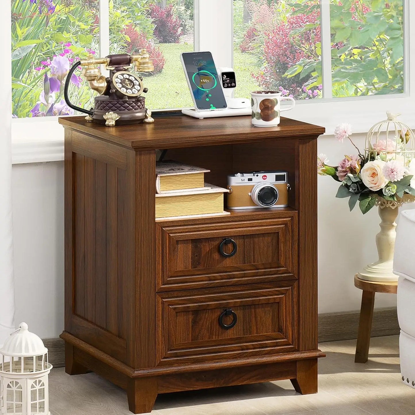 Farmhouse Night Stands Set of 2 With Charging Station and 2 Drawers