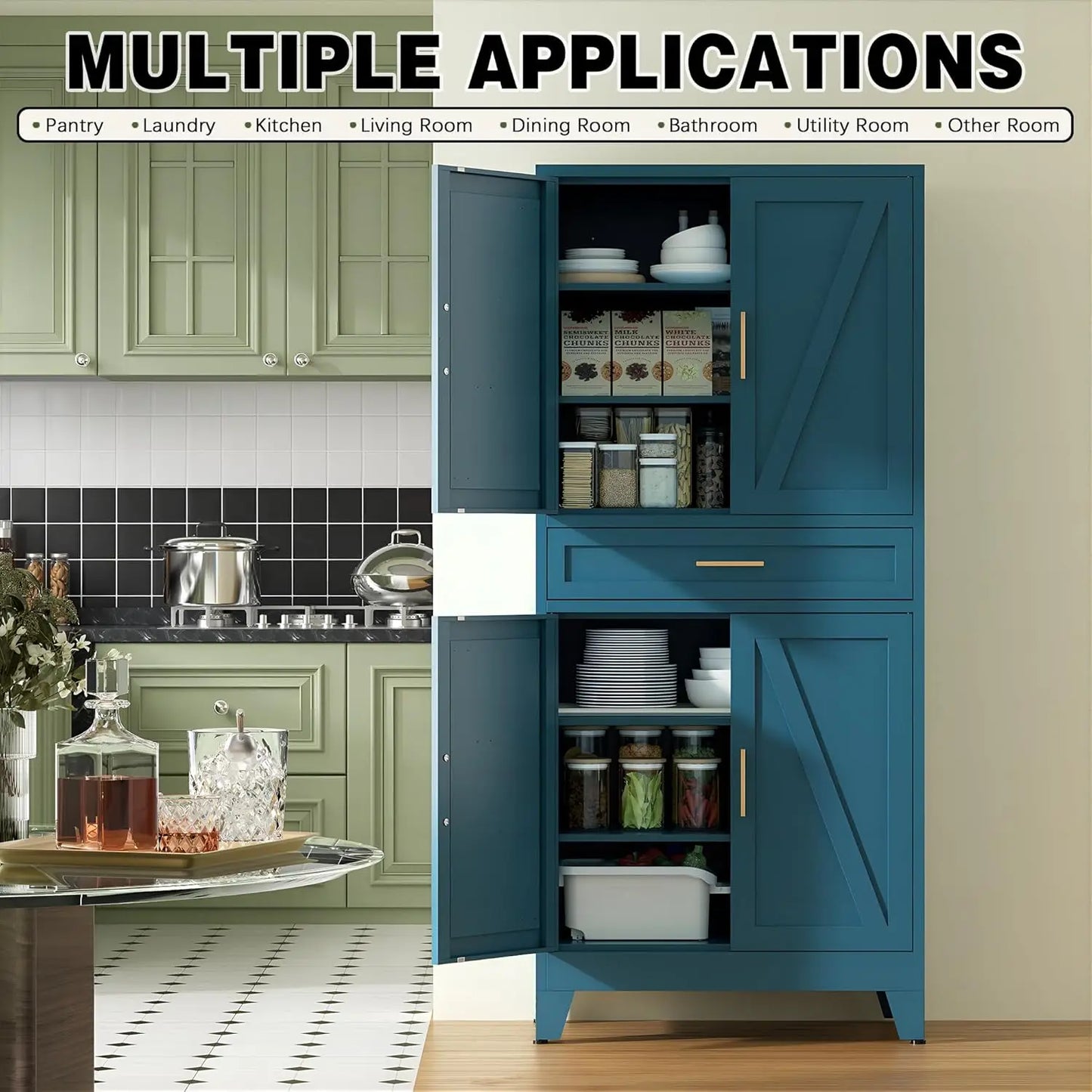 Farmhouse Storage Kitchen Pantry Cabinet 4 Barn Doors And Adjustable Shelves