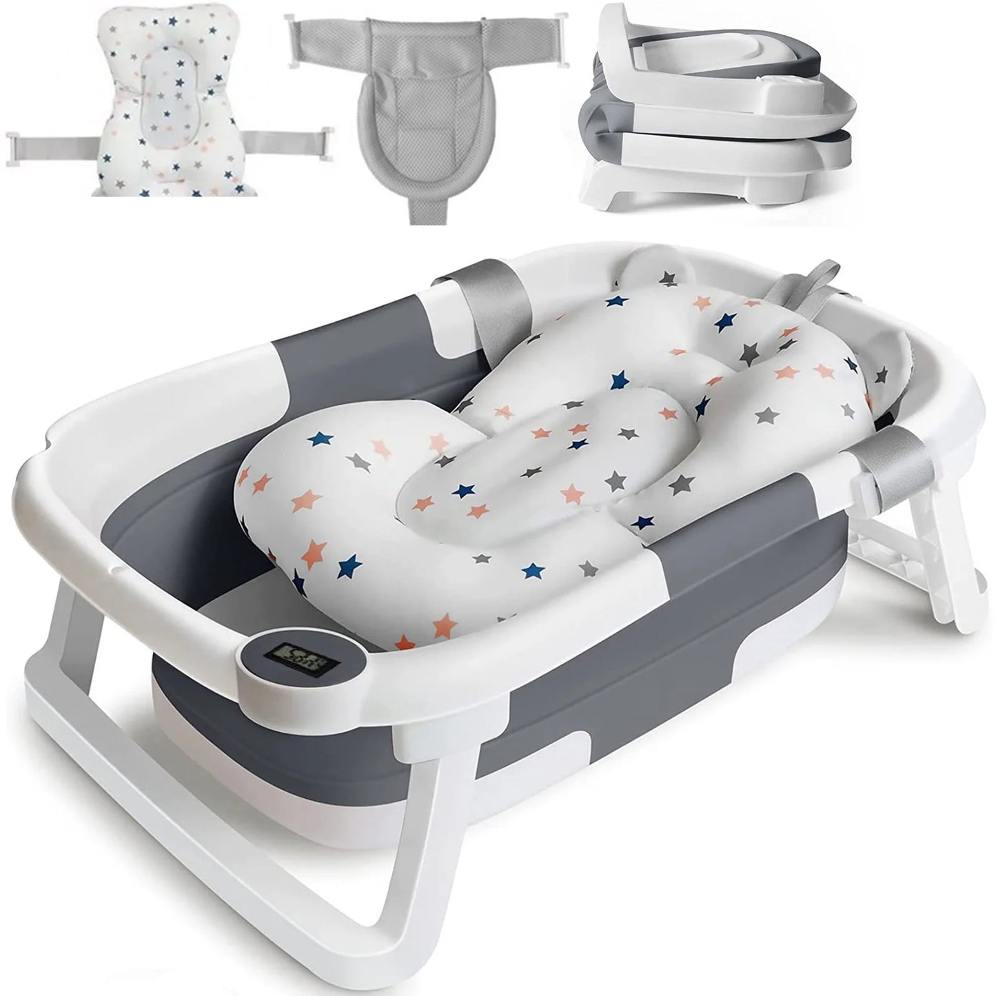 Foldable Baby Bath Tub With Non Slip Cushion And Thermometer