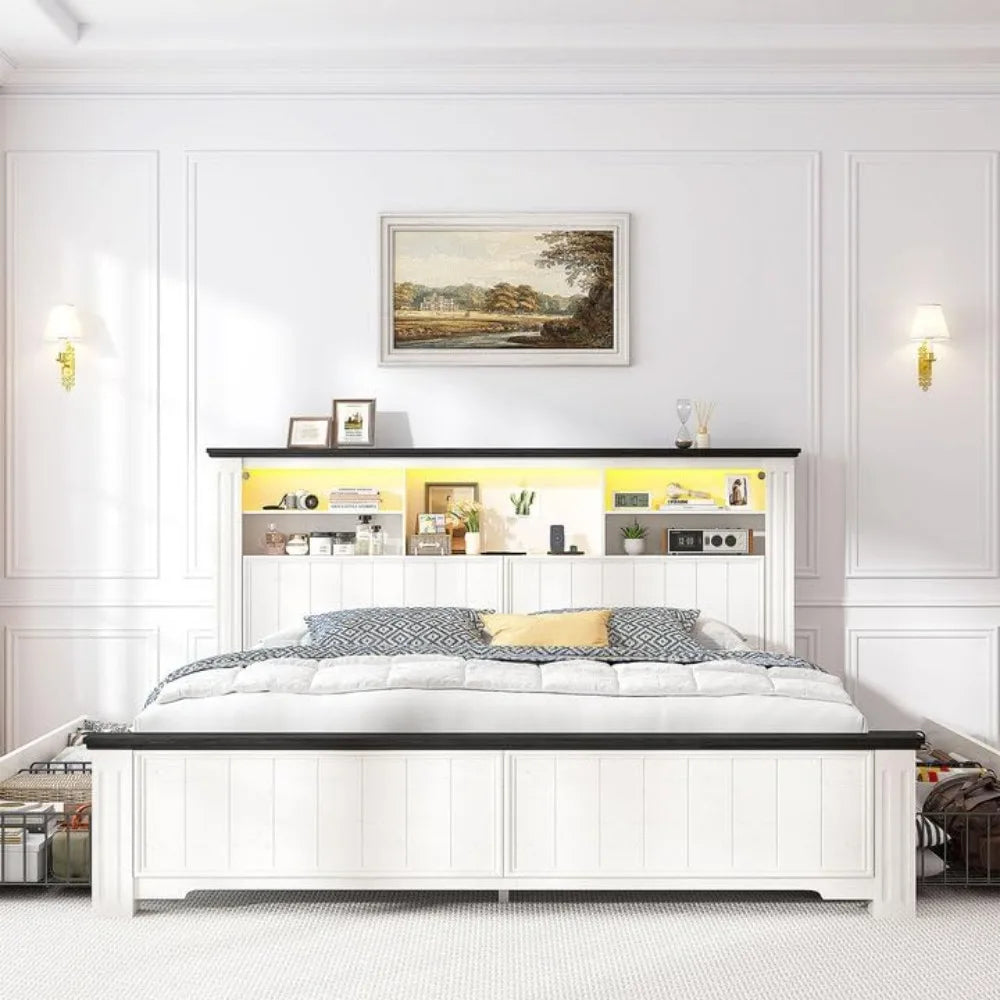 Queen Bed Frame With Headboard And Storage USB LED Lighting