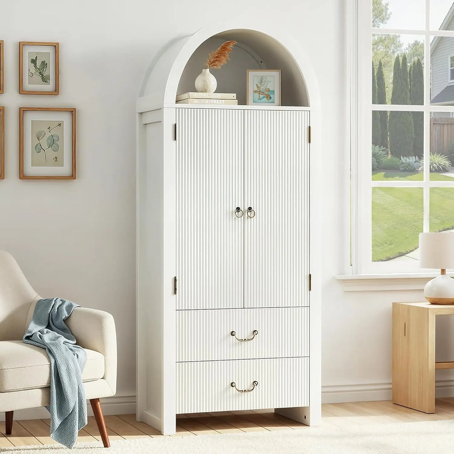 Arched Tall Kitchen Pantry Cabinet With Two Drawers And Shelves