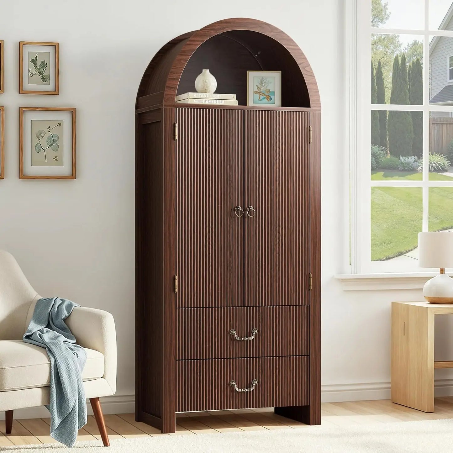 Arched Tall Kitchen Pantry Cabinet With Two Drawers And Shelves
