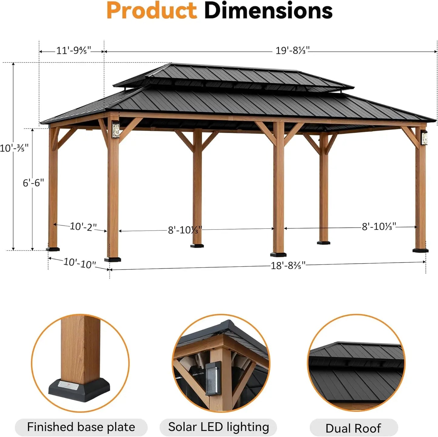 Modern Shade The Horizon Hardtop Gazebo 12' x 20' with 4 LED Lights, Permanent Outdoor Gazebo with Galvanized Steel Double Roof,