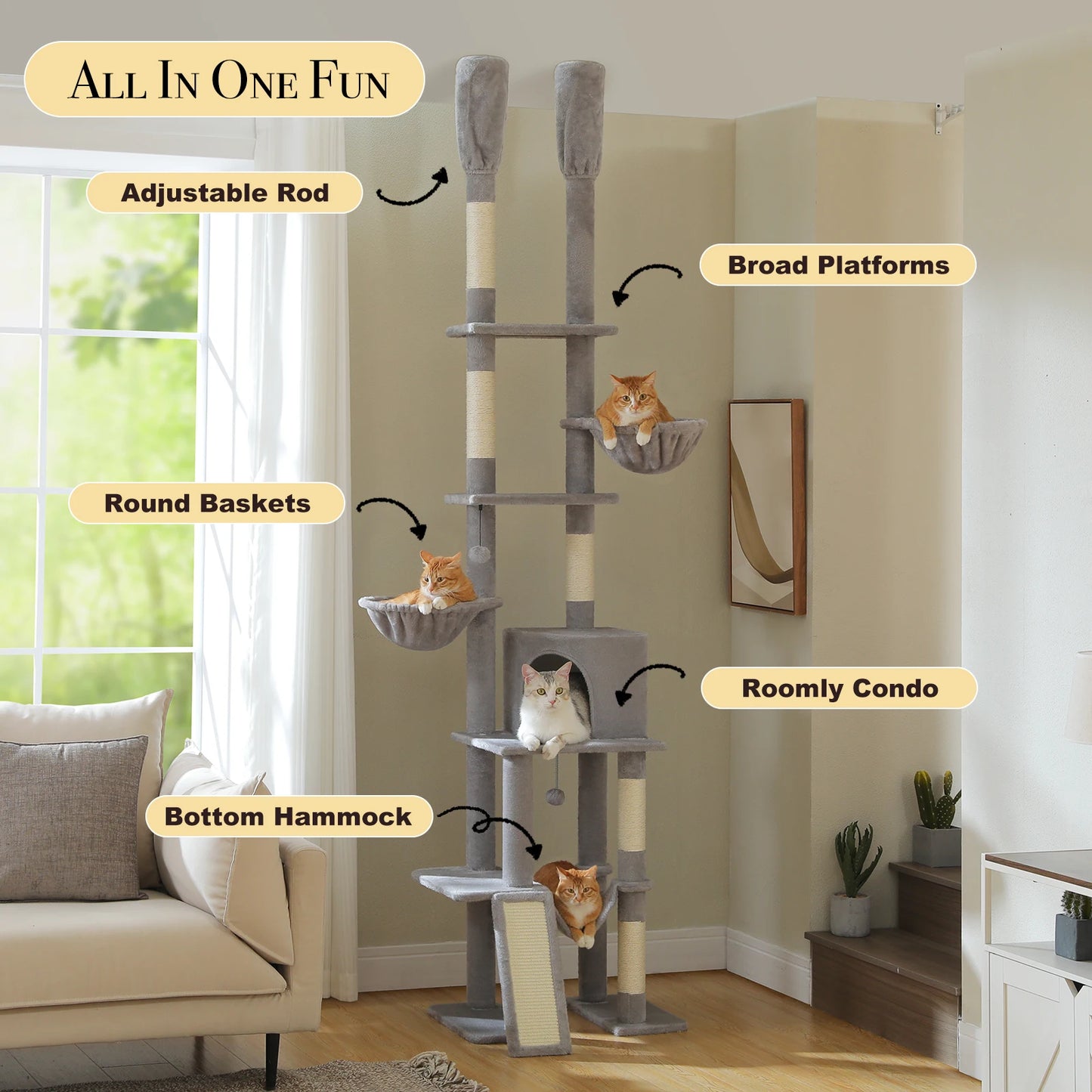 PAWZ Road Cactus Cat Tree Floor To Ceiling Tiers Hammocks