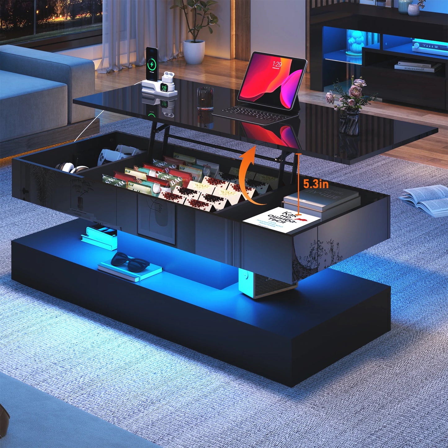 QiaoShiRen High Glossy LED Coffee Tables With Open Display Shelf