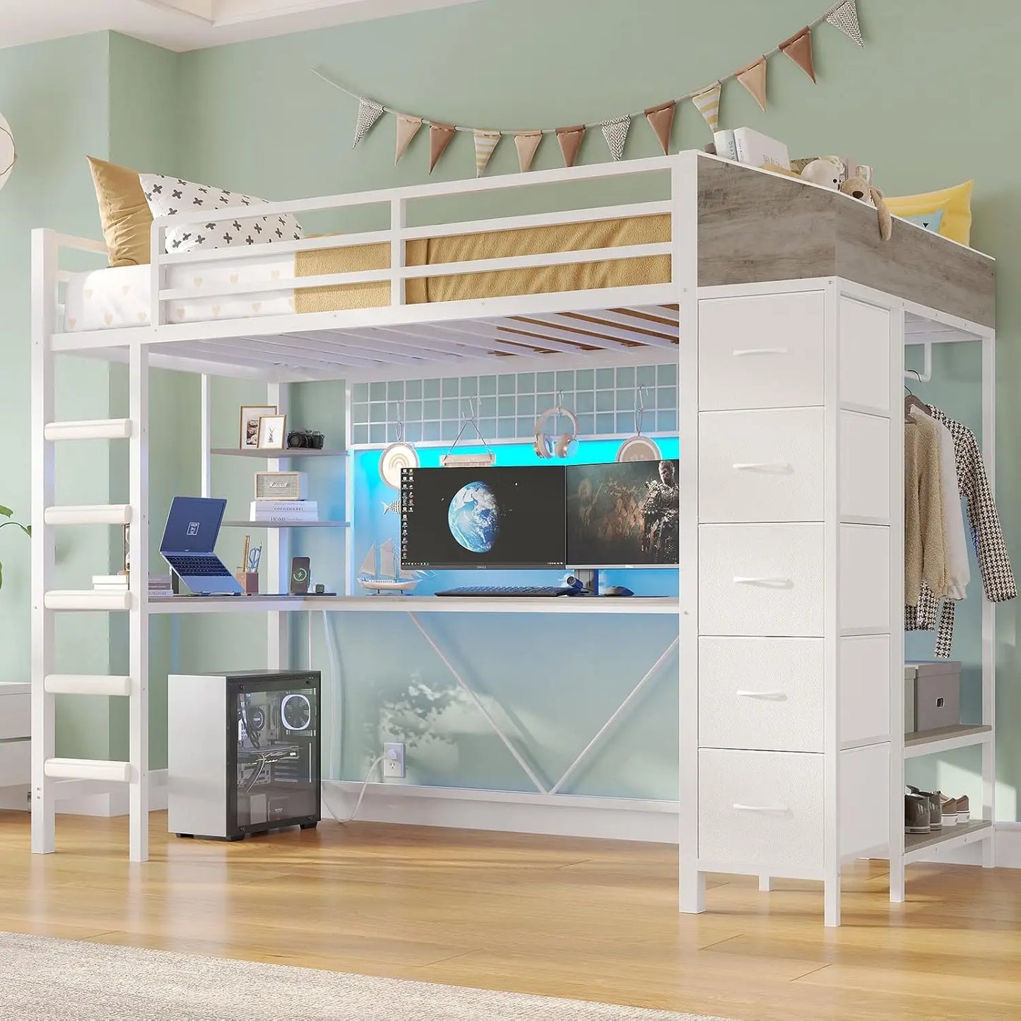 Loft Bed With Hall Tree And Desk LED Lighting System