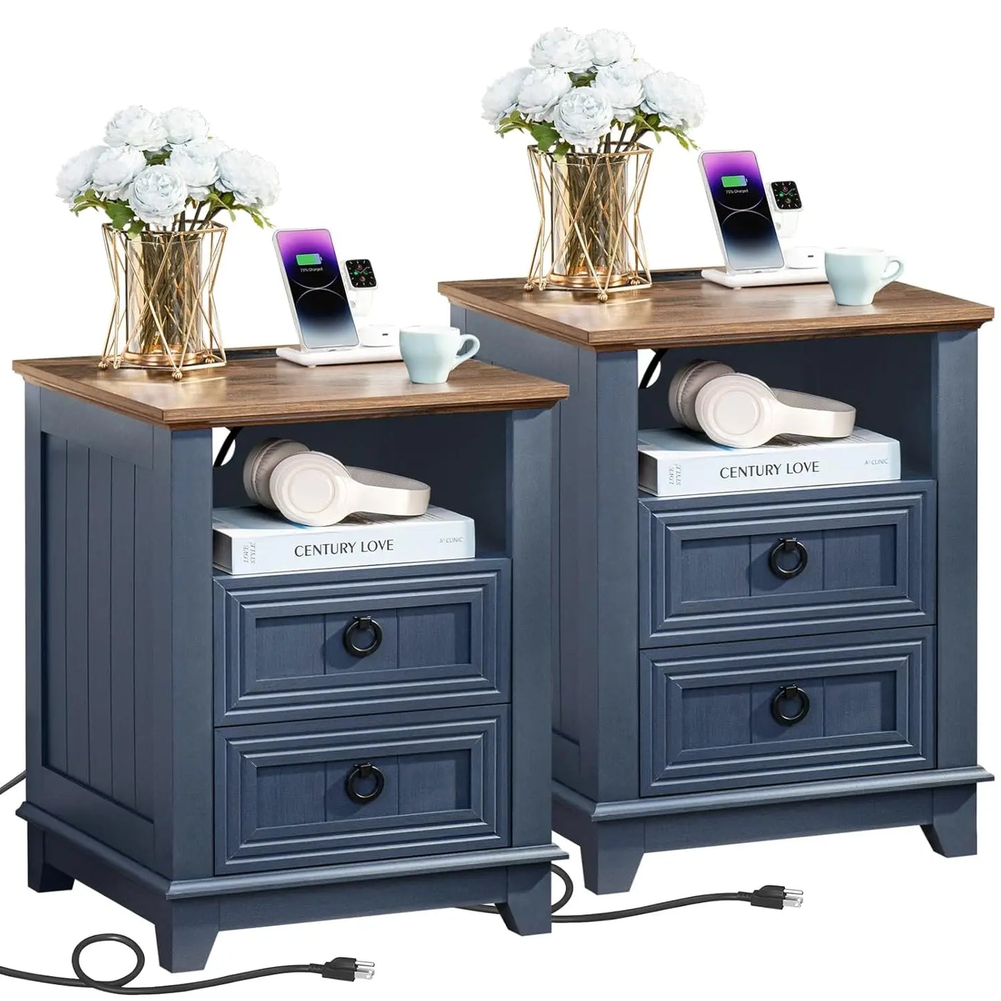 Farmhouse Night Stands Set of 2 With Charging Station and 2 Drawers