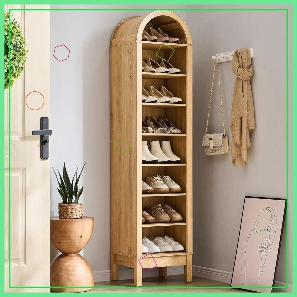 71" Tall Arched Shoe Storage Cabinet, 8 Tiers Holds 16 Pairs, Adjustable Shelves for Entryway Hallway Living Room