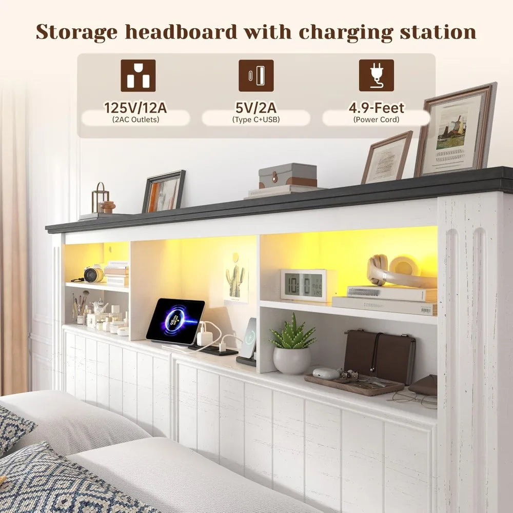Queen Bed Frame With Headboard And Storage USB LED Lighting