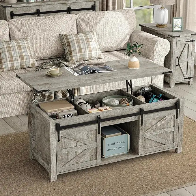 Farmhouse Style Sliding Barn Door Coffee Table Height Adjustable Customizable