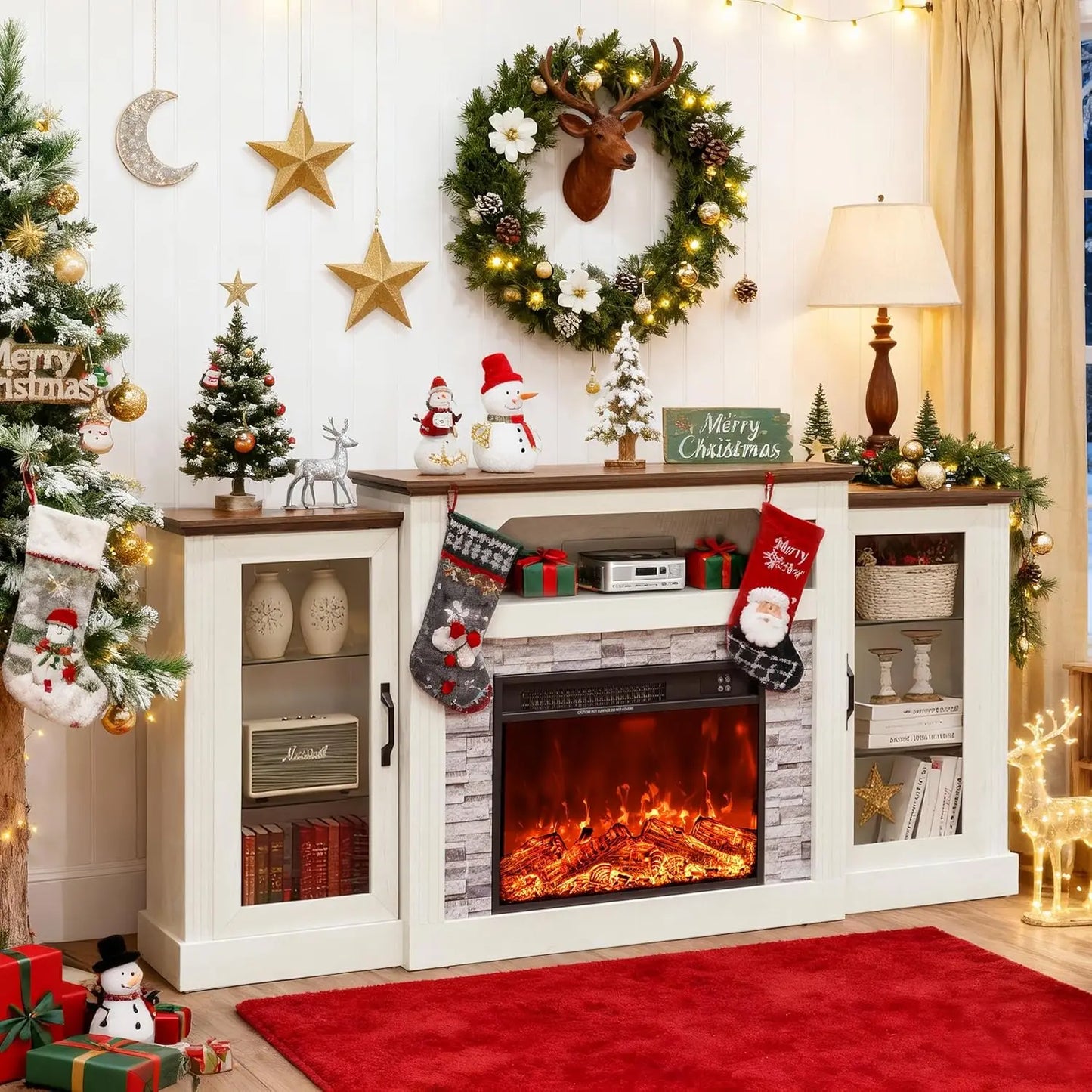 Electric Fireplace With Mantel TV Stand Farmhouse Style Entertainment Console
