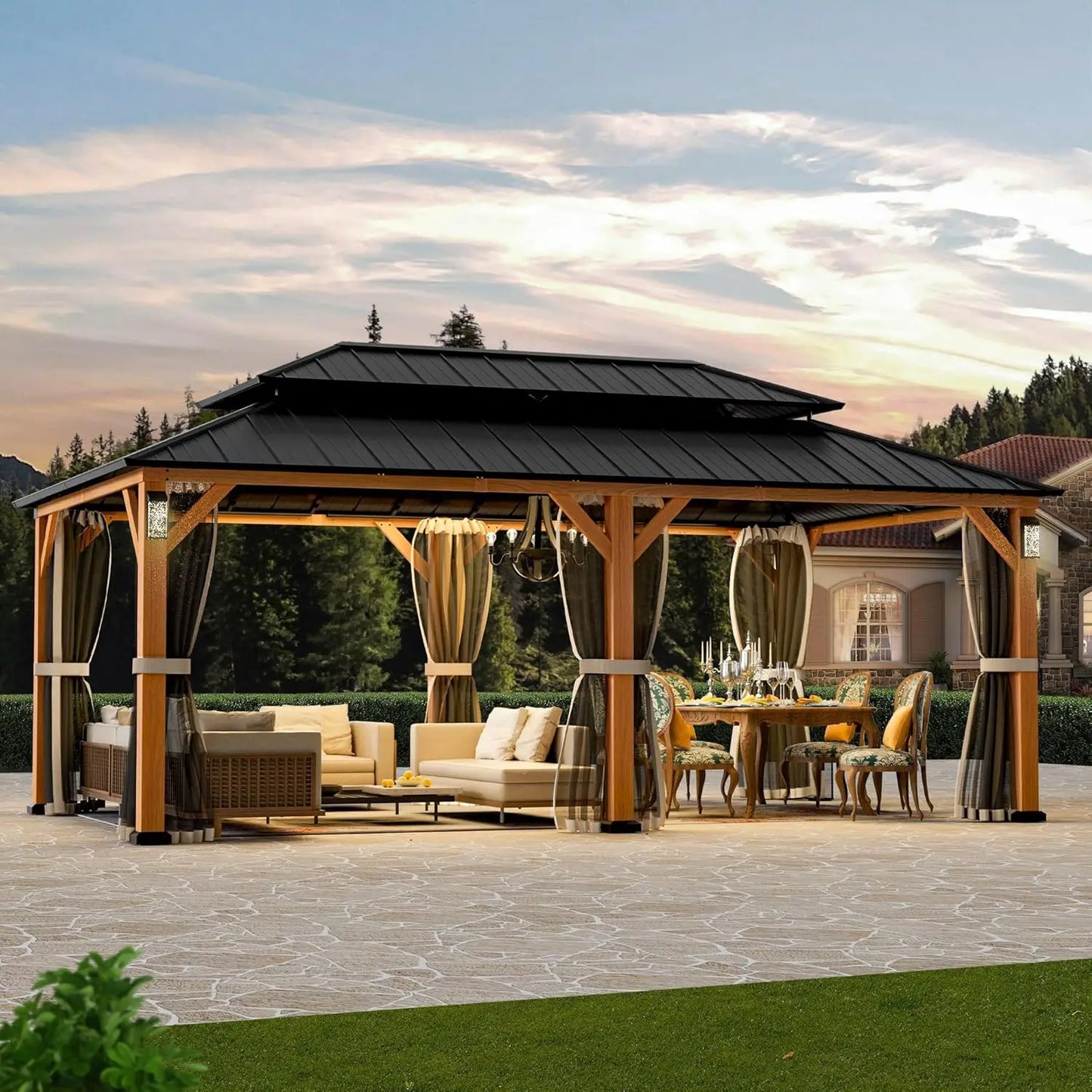 Modern Shade The Horizon Hardtop Gazebo 12' x 20' with 4 LED Lights, Permanent Outdoor Gazebo with Galvanized Steel Double Roof,