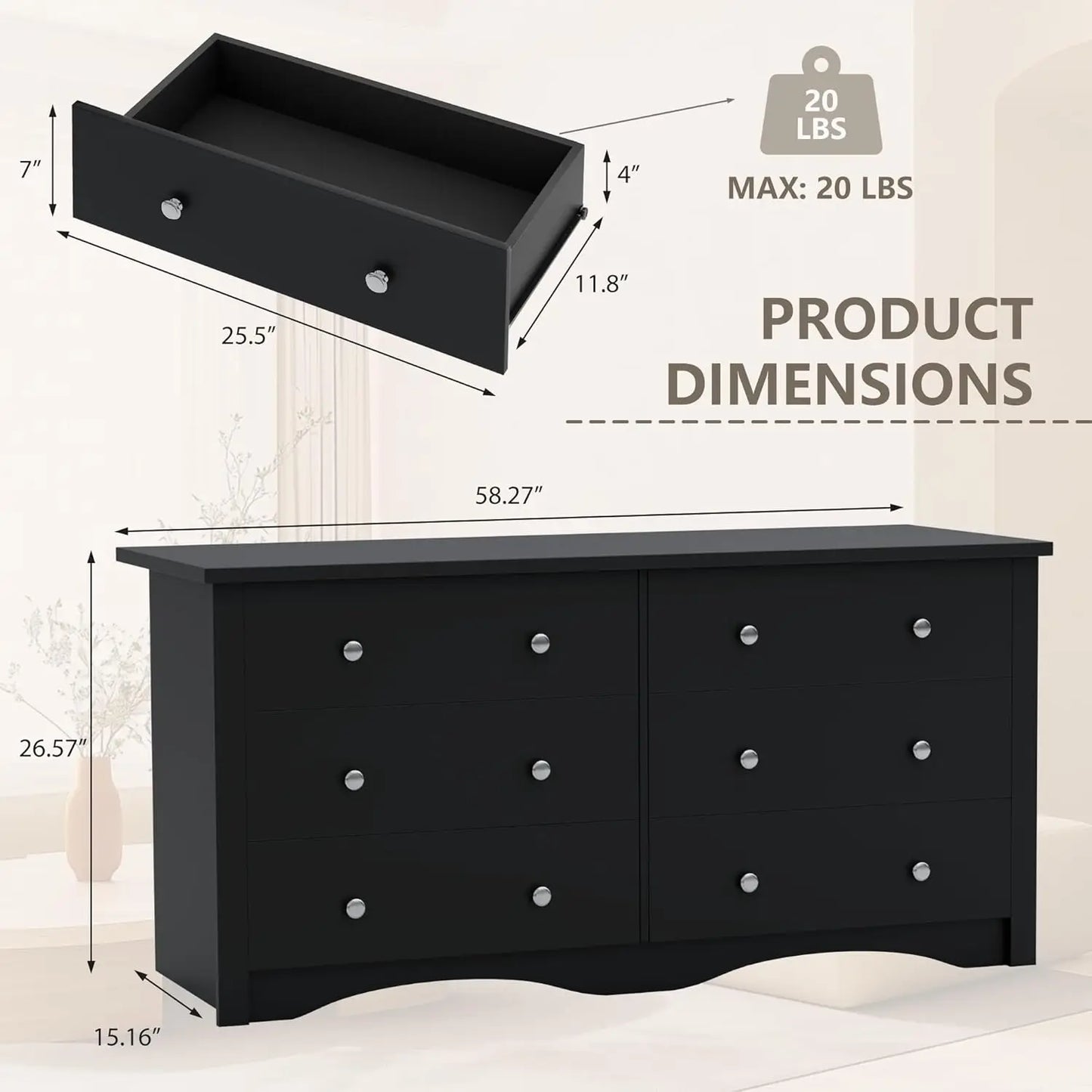 Black Dresser for Bedroom,6 Drawer Dressers, Storage Chest of Drawers for Hallway,Living Room, Entryway, Customized
