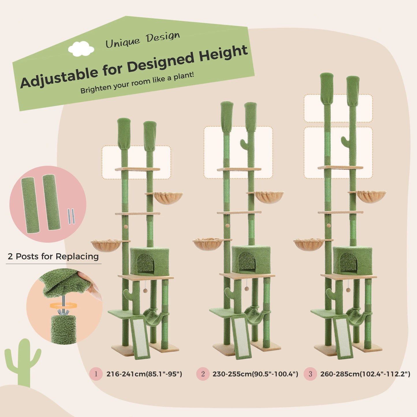 PAWZ Road Cactus Cat Tree Floor To Ceiling Tiers Hammocks