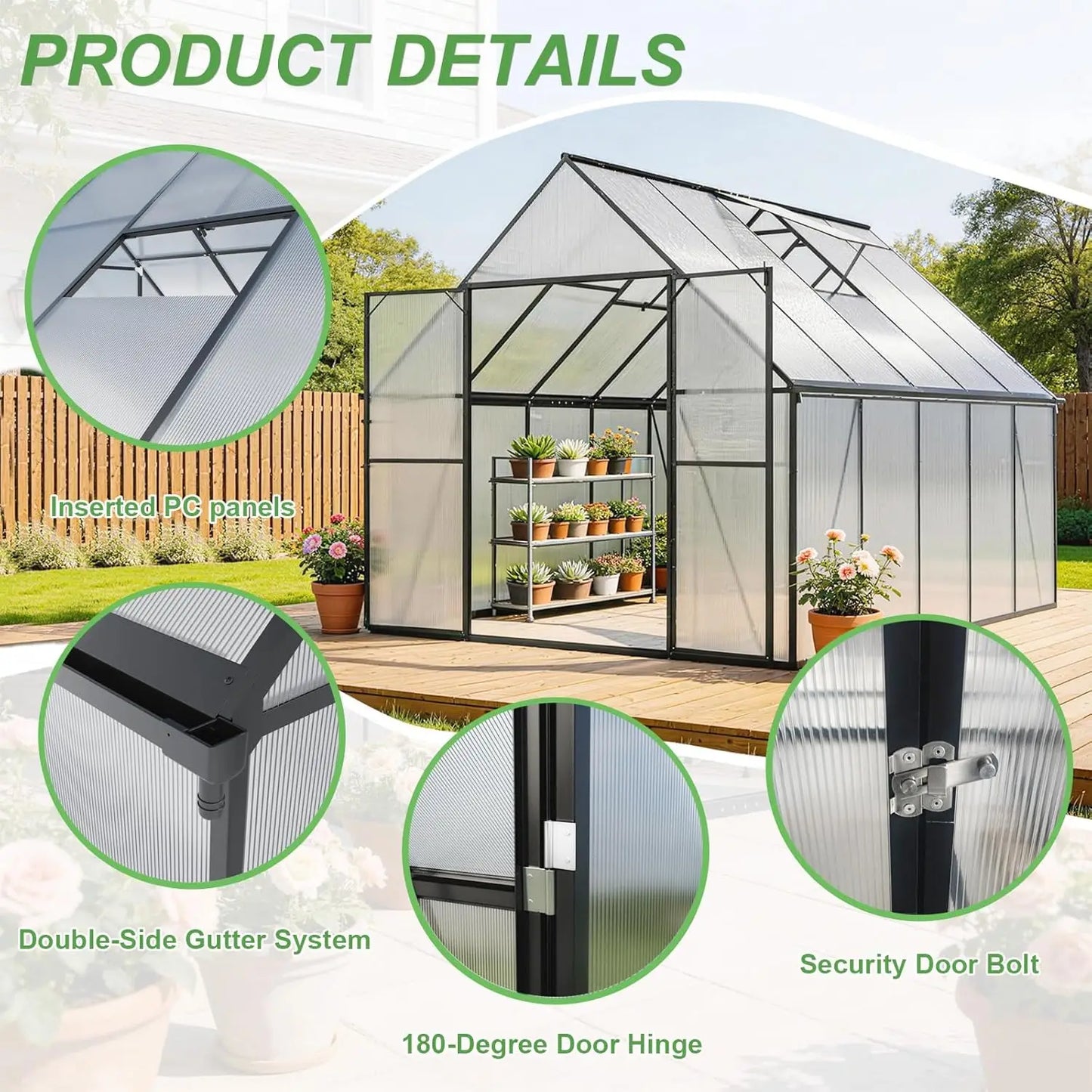 Heavy Duty Aluminum Frame Polycarbonate Greenhouse With Adjustable Roof Vent