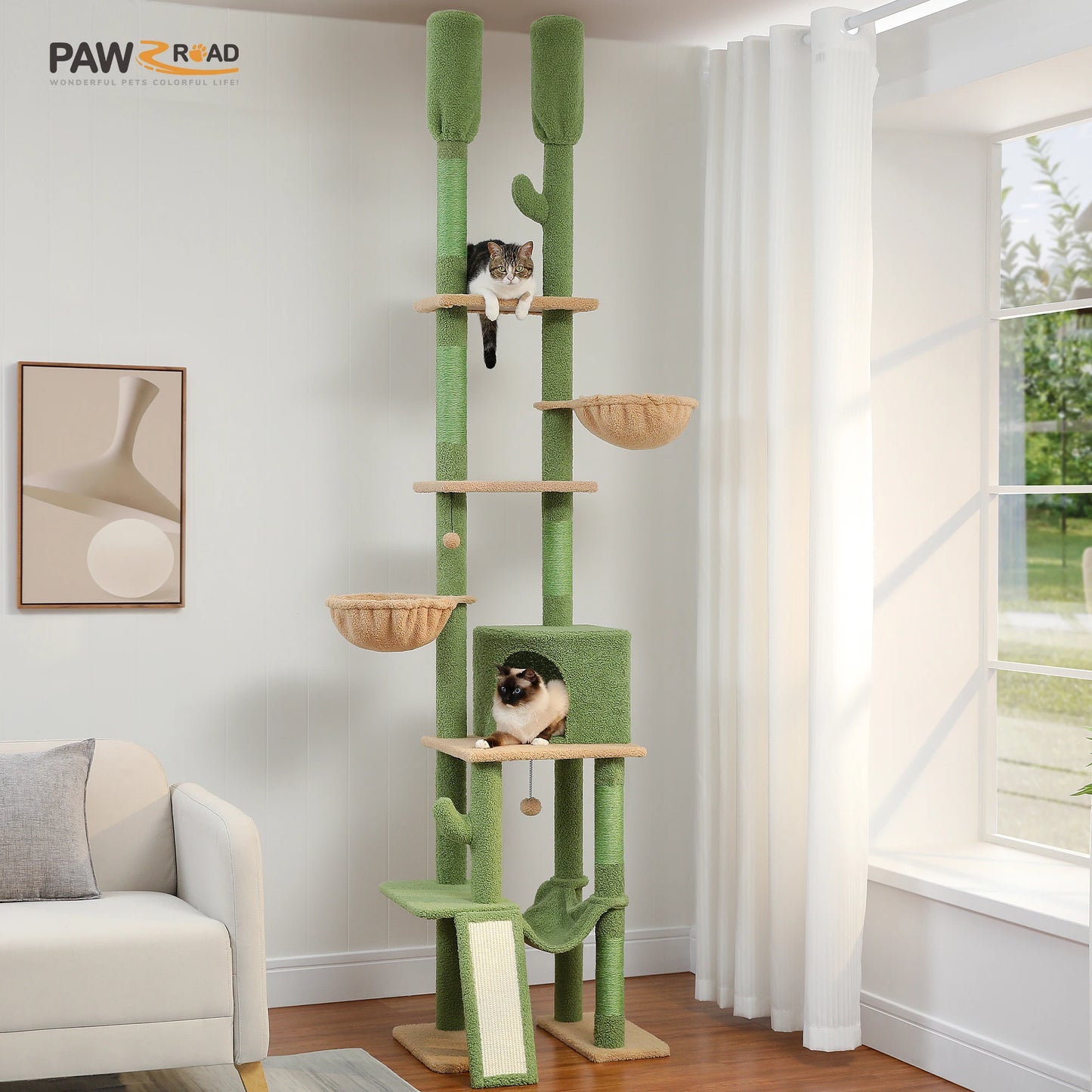 PAWZ Road Cactus Cat Tree Floor To Ceiling Tiers Hammocks