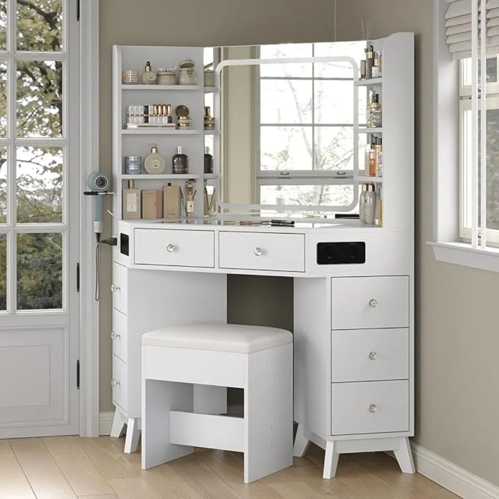 Corner Vanity Desk Bluetooth Speaker 8 Drawers And 6 Shelves