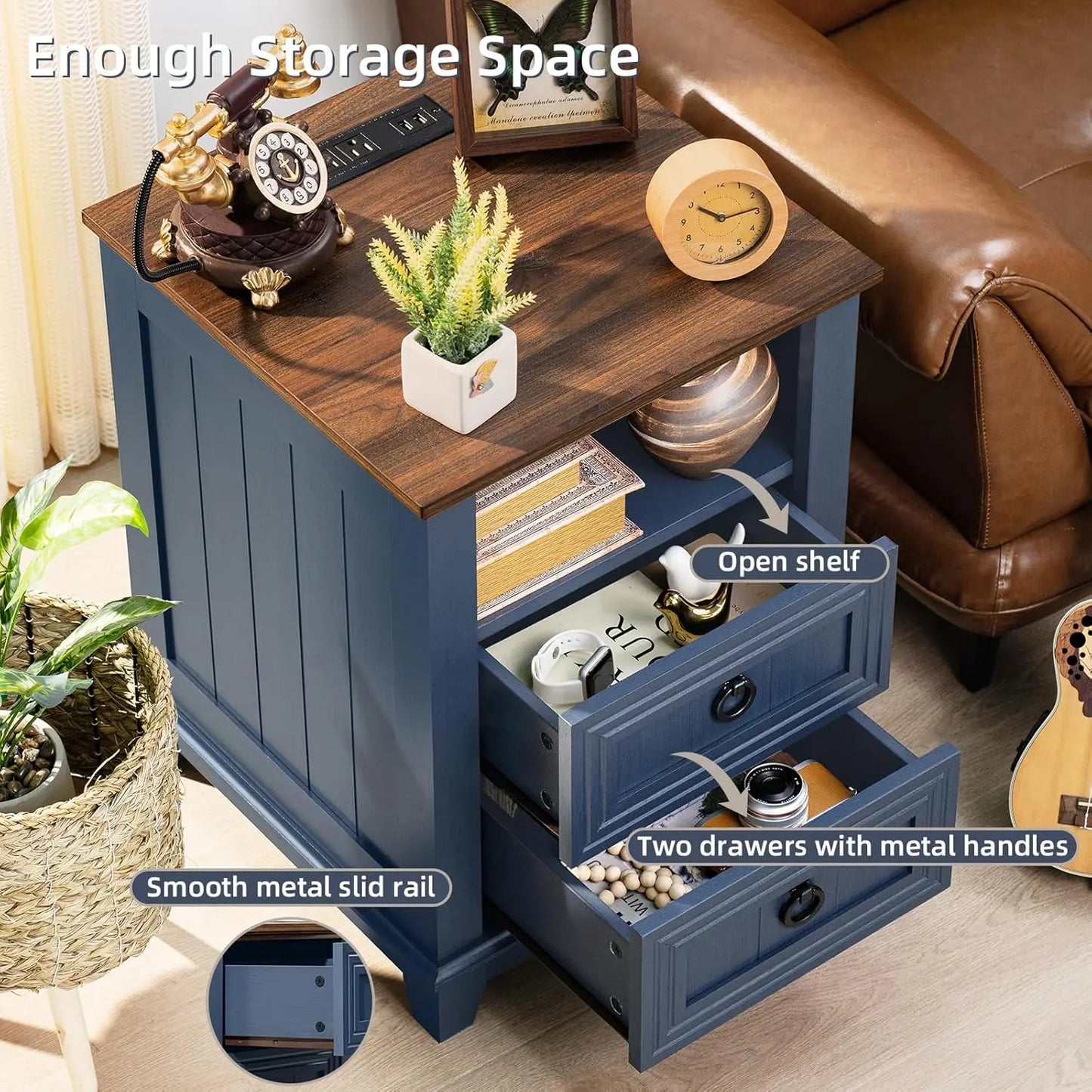 Farmhouse Night Stands Set of 2 With Charging Station and 2 Drawers