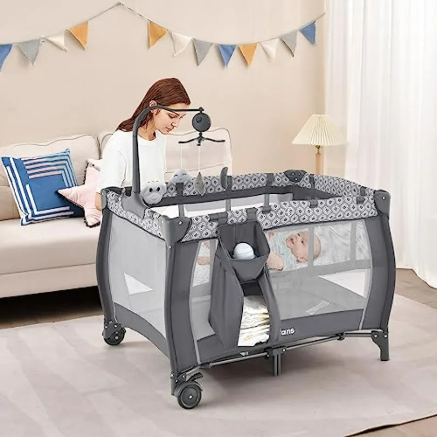 3 In 1 Pack And Play Portable Baby Crib Bassinet With Detachable Mattress