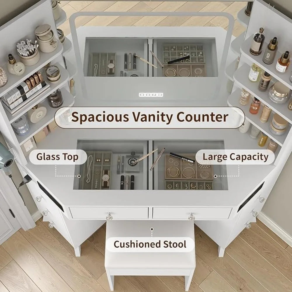 Corner Vanity Desk Bluetooth Speaker 8 Drawers And 6 Shelves