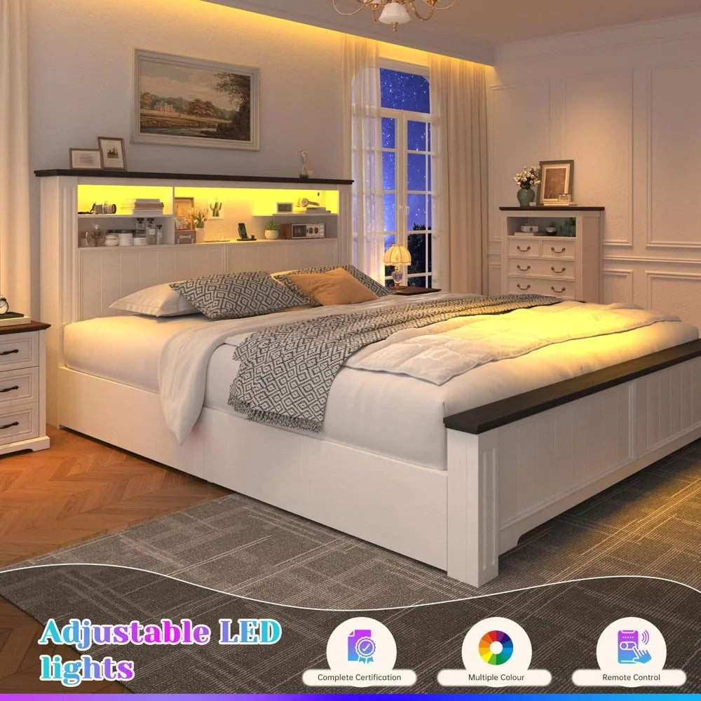 Queen Bed Frame With Headboard And Storage USB LED Lighting
