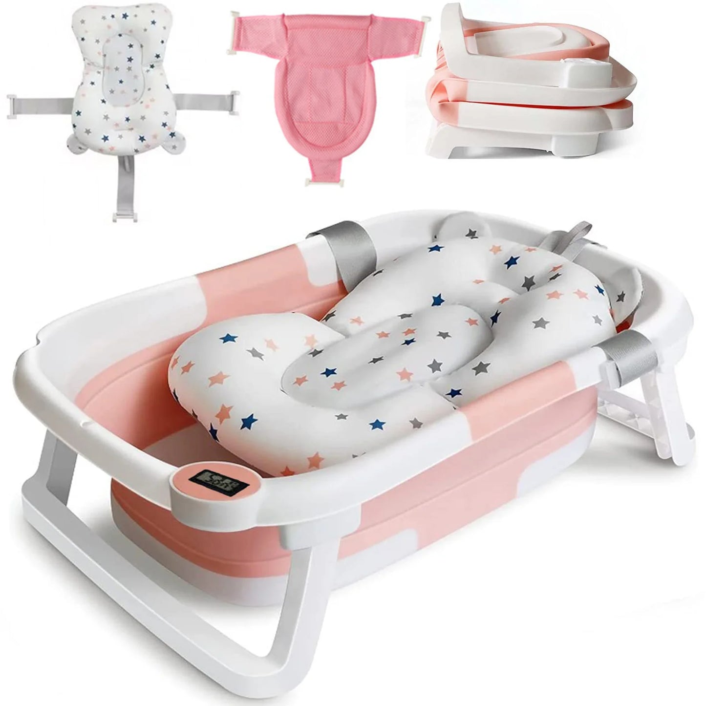 Foldable Baby Bath Tub With Cushion Thermometer For Newborns